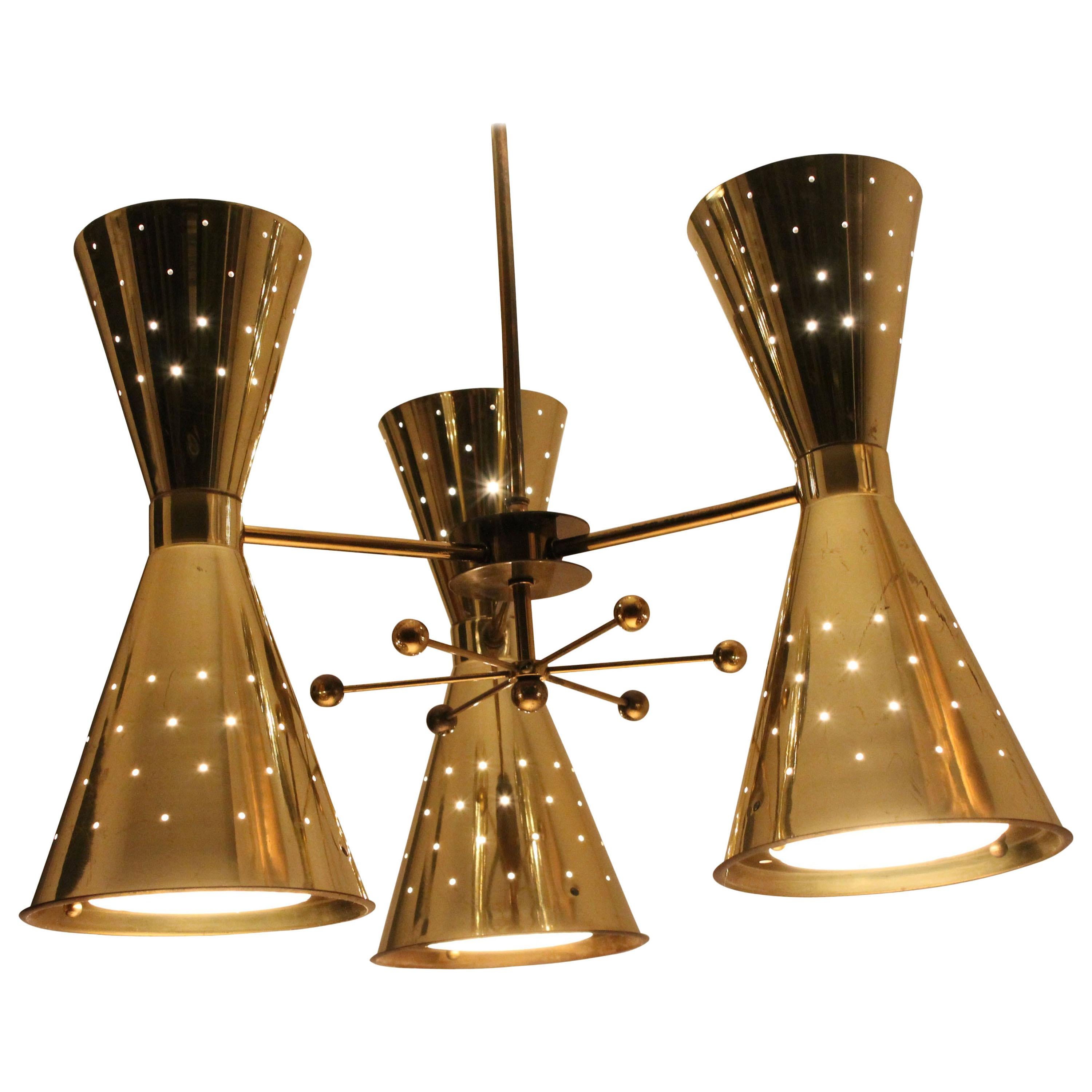 1950s Diabolo, Hourglass Pierced Brass-Plated Chandelier with Glass Lens 7