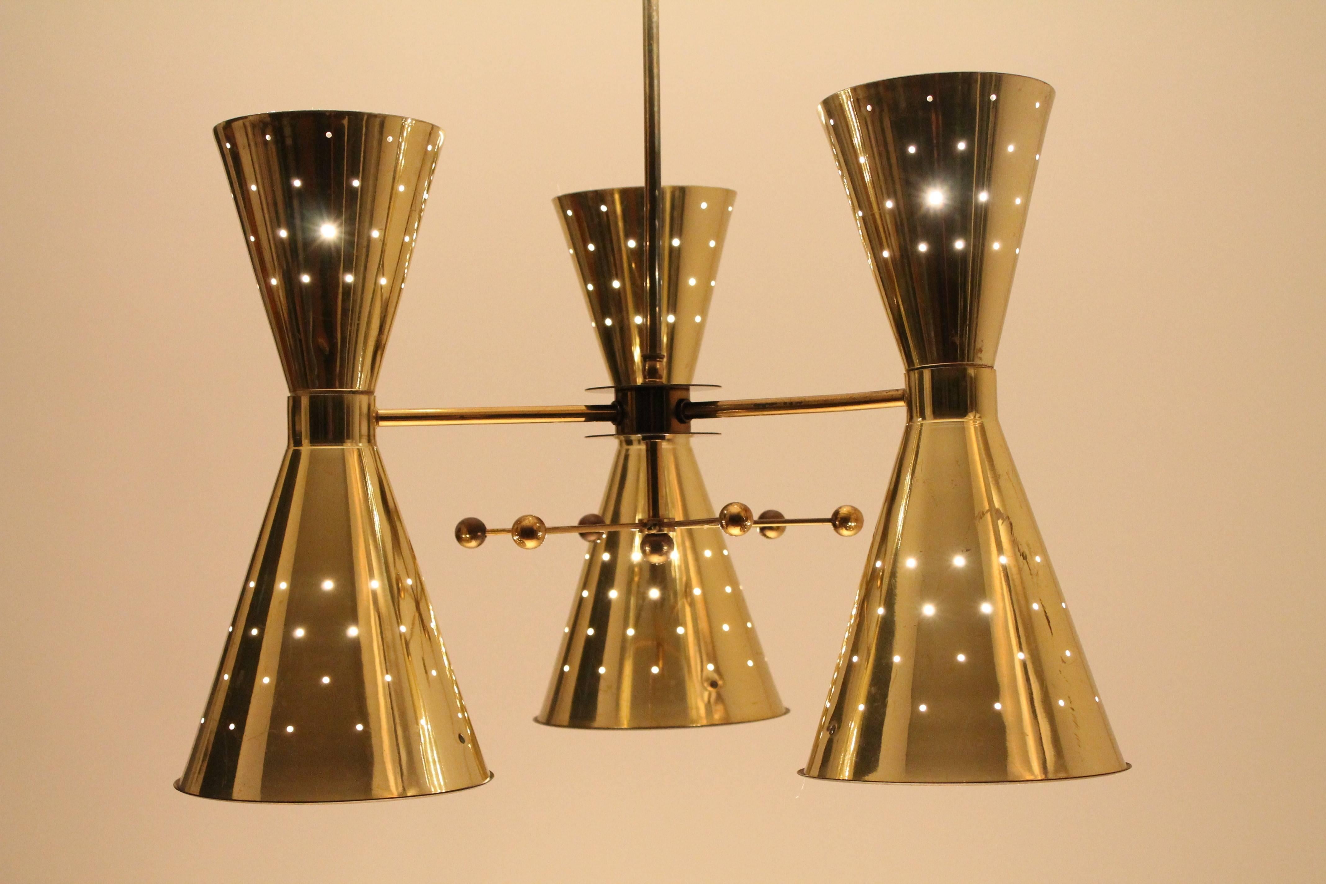 1950s Diabolo, Hourglass Pierced Brass-Plated Chandelier with Glass Lens 1