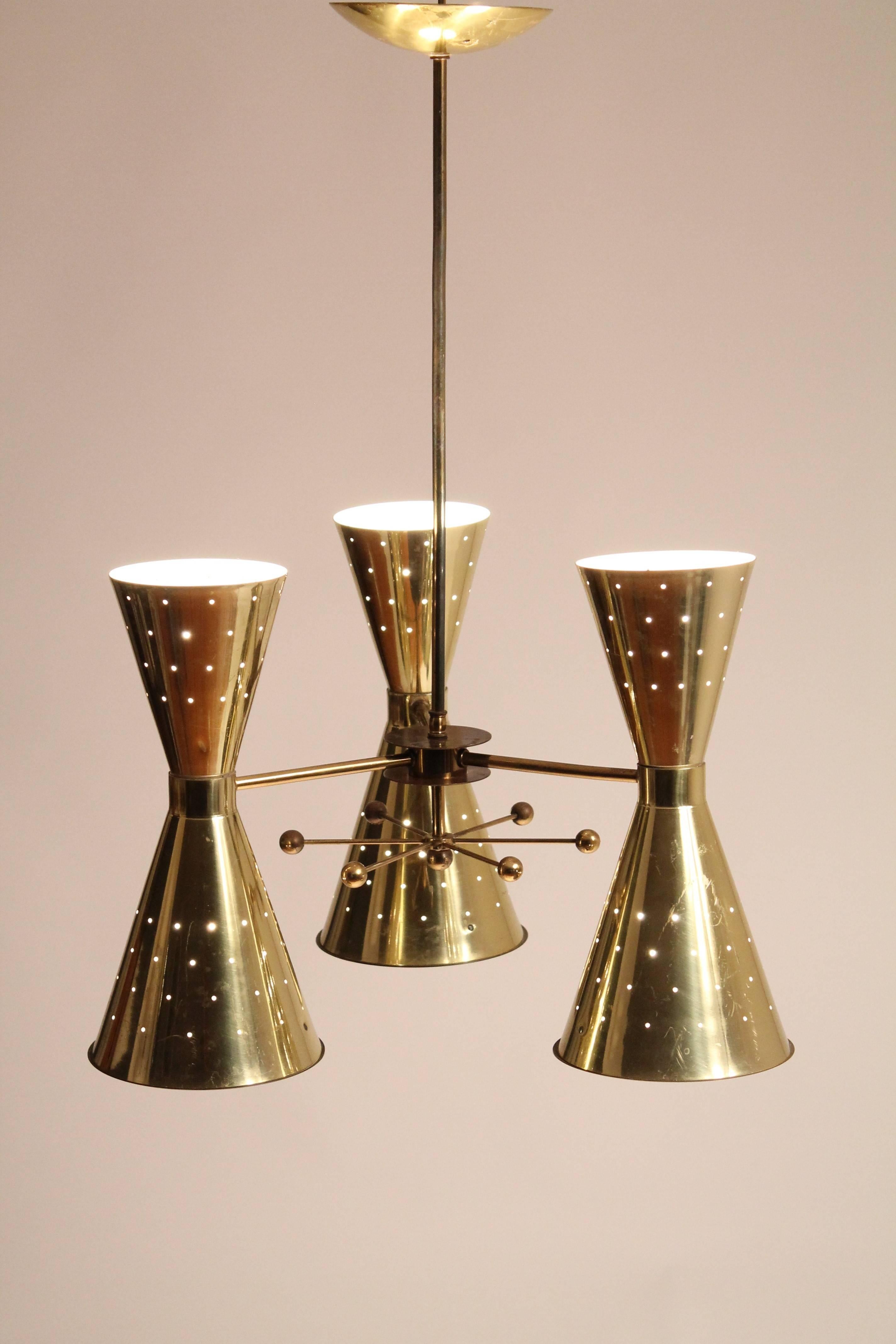 1950s Diabolo, Hourglass Pierced Brass-Plated Chandelier with Glass Lens 2