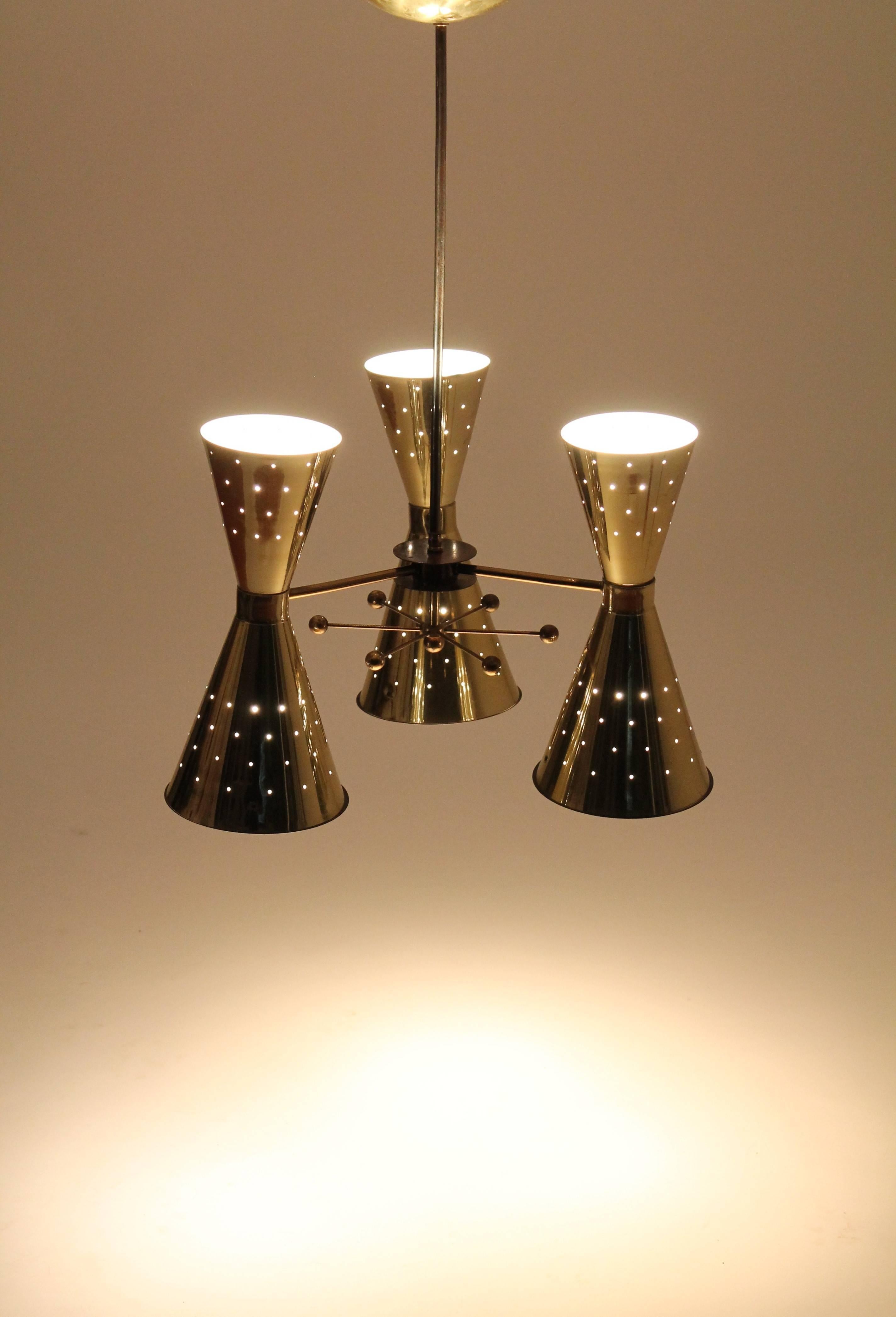 1950s Diabolo, Hourglass Pierced Brass-Plated Chandelier with Glass Lens 3