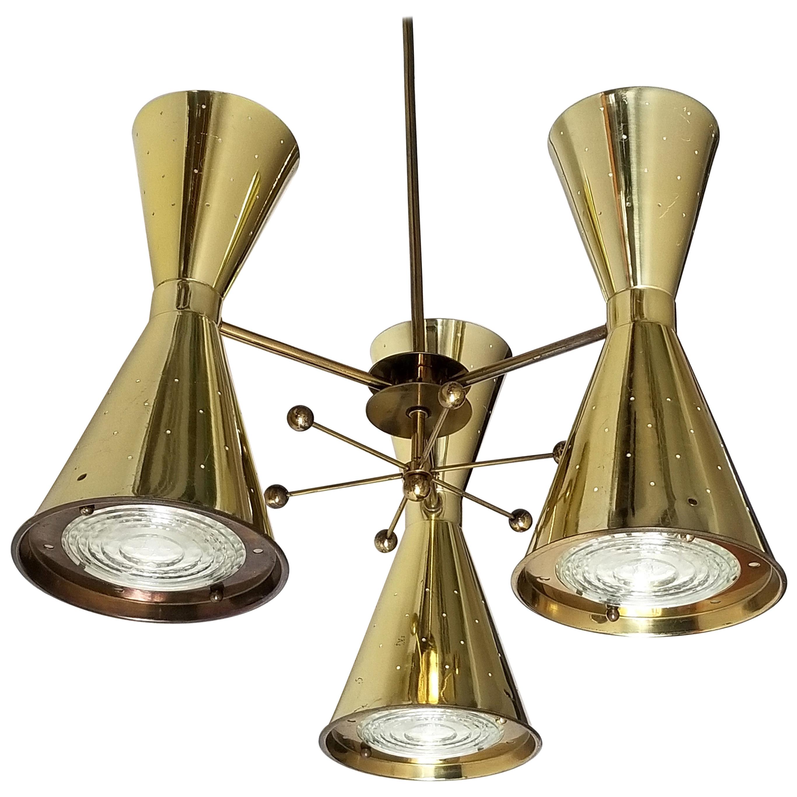 1950s Diabolo, Hourglass Pierced Brass-Plated Chandelier with Glass Lens
