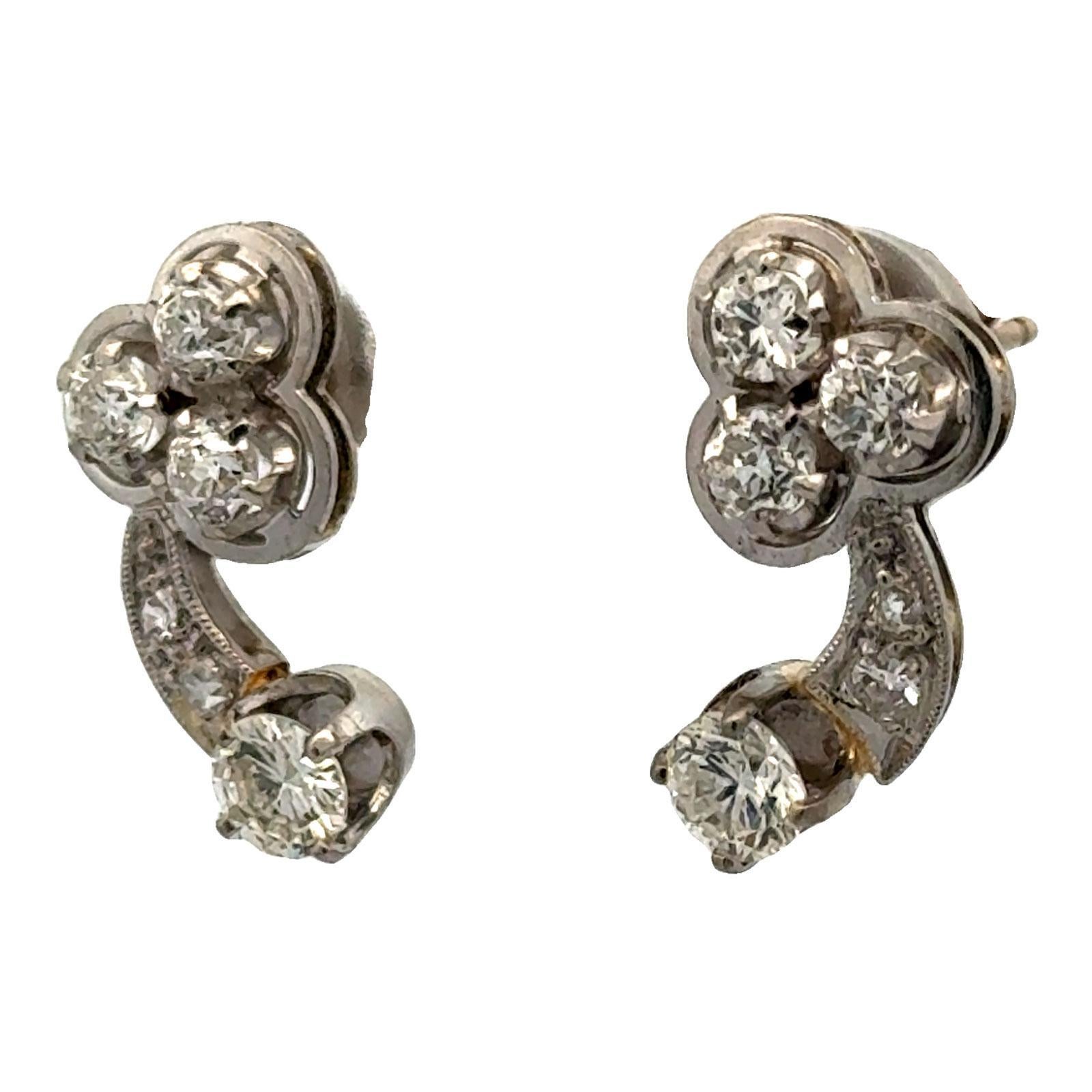Brilliant Cut 1950's Diamond 14 Karat White Gold Vintage Drop Earrings For Sale