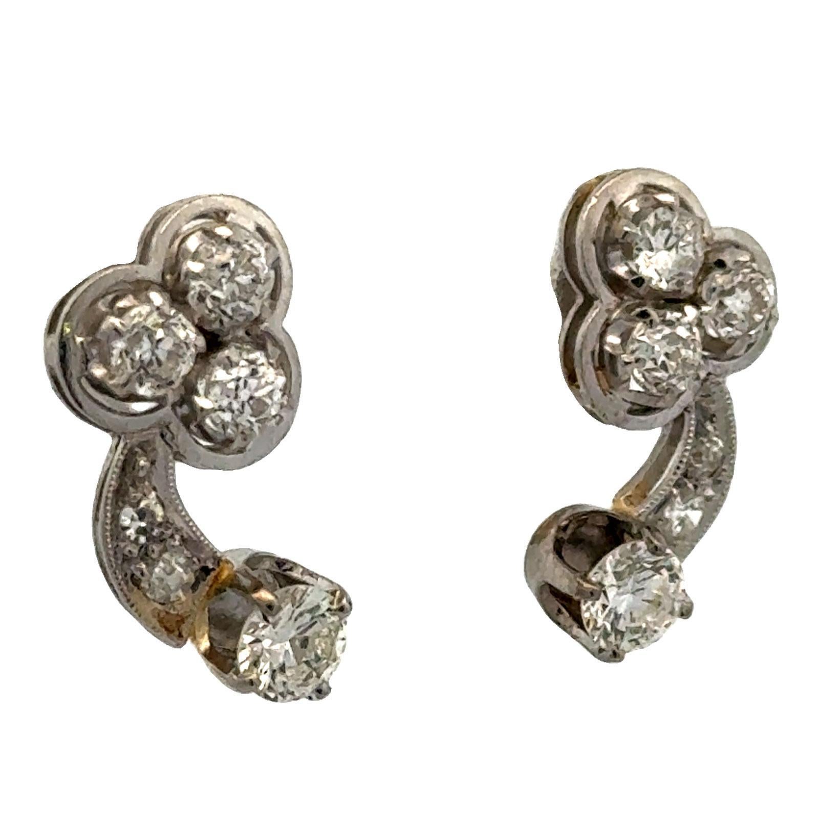 Women's 1950's Diamond 14 Karat White Gold Vintage Drop Earrings For Sale