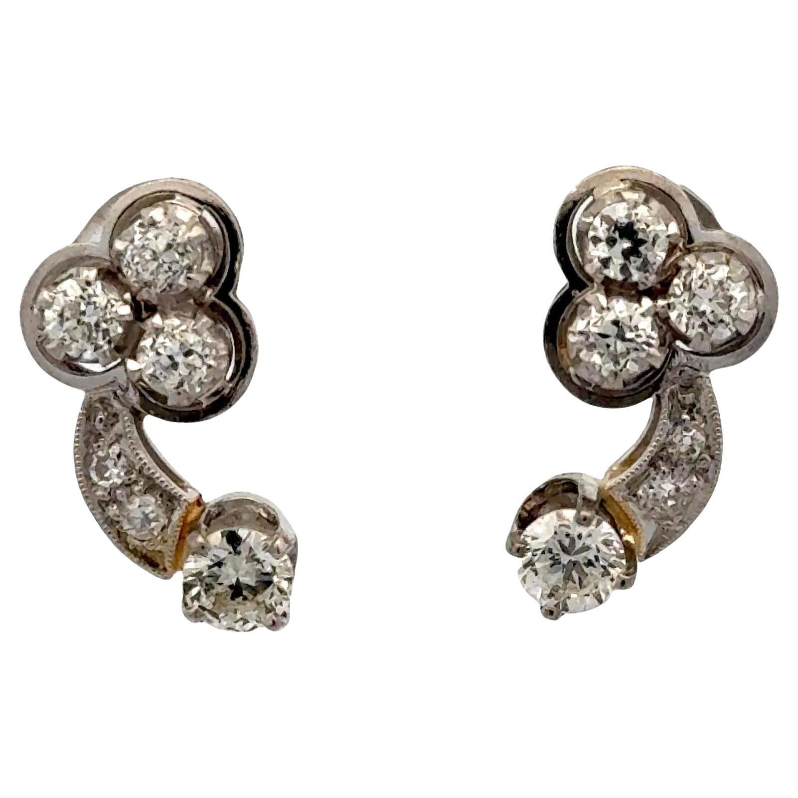 1950's Diamond 14 Karat White Gold Vintage Drop Earrings For Sale