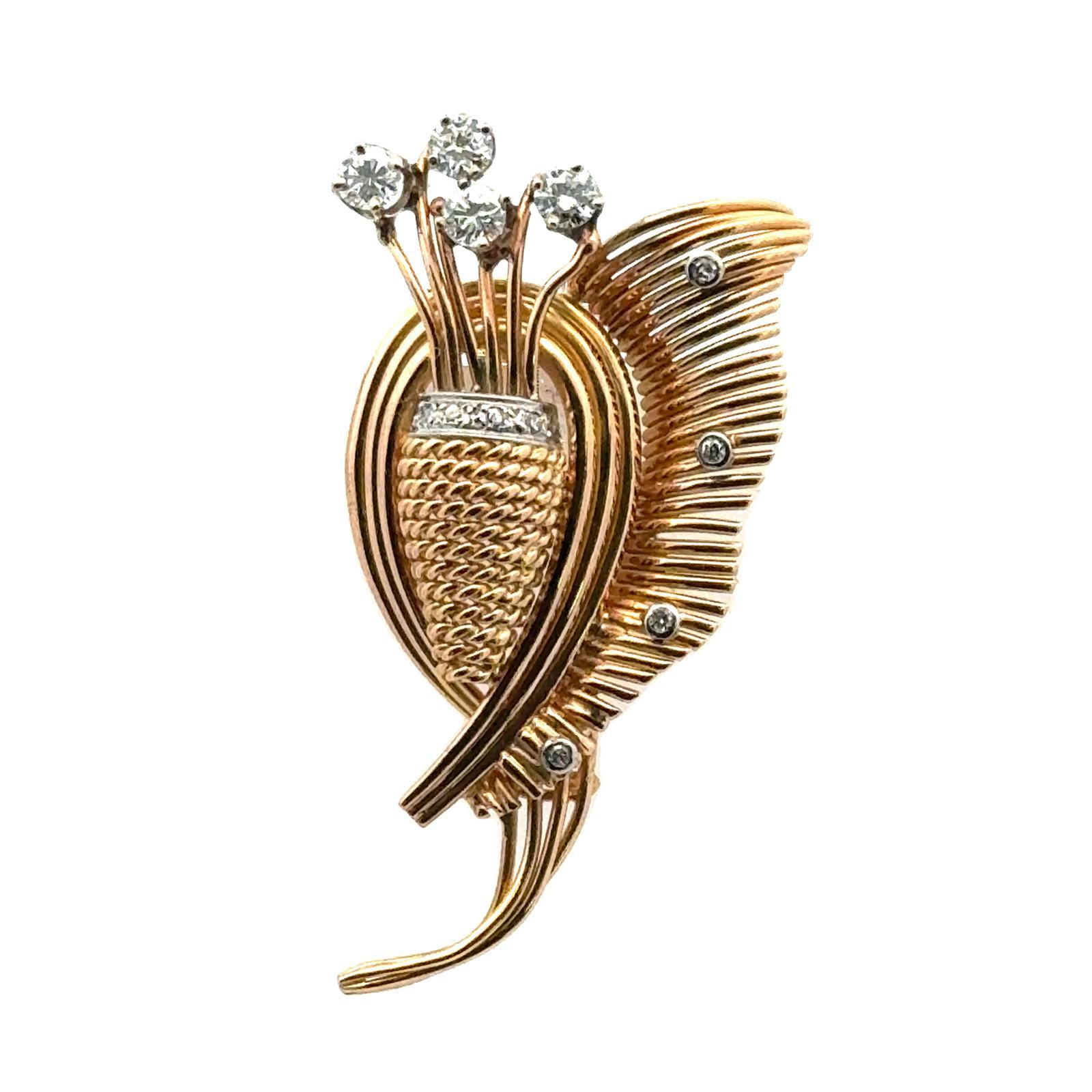 Mixed Cut 1950's Diamond 14 Karat Yellow Gold Bouquet Vintage Brooch Pin