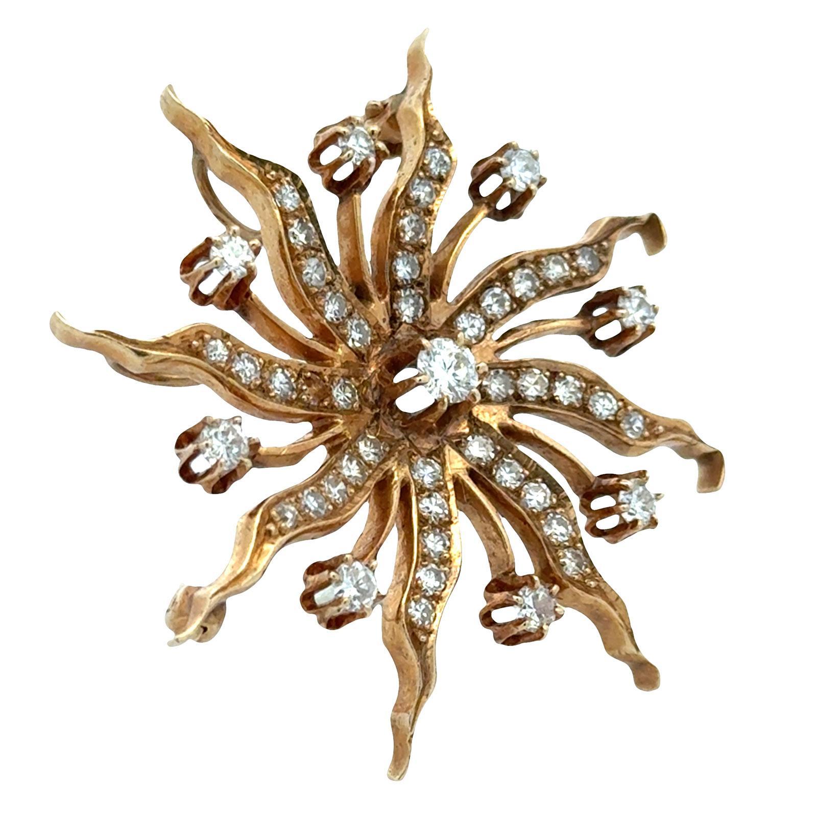 Round Cut 1950's Diamond 14 Karat Yellow Gold Starburst Brooch Pin For Sale