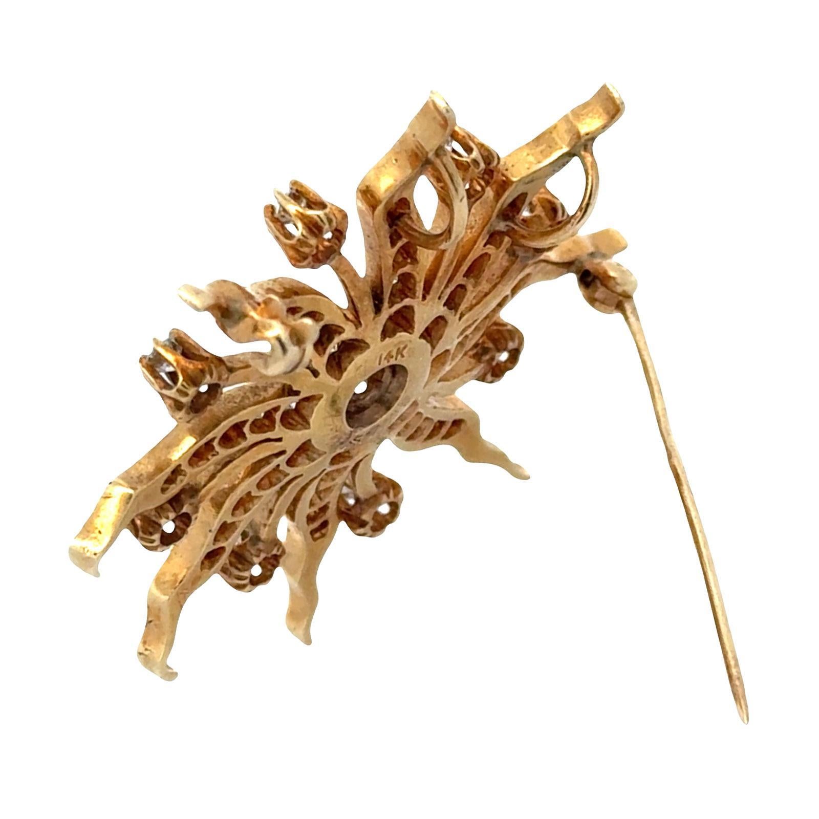 Women's 1950's Diamond 14 Karat Yellow Gold Starburst Brooch Pin For Sale