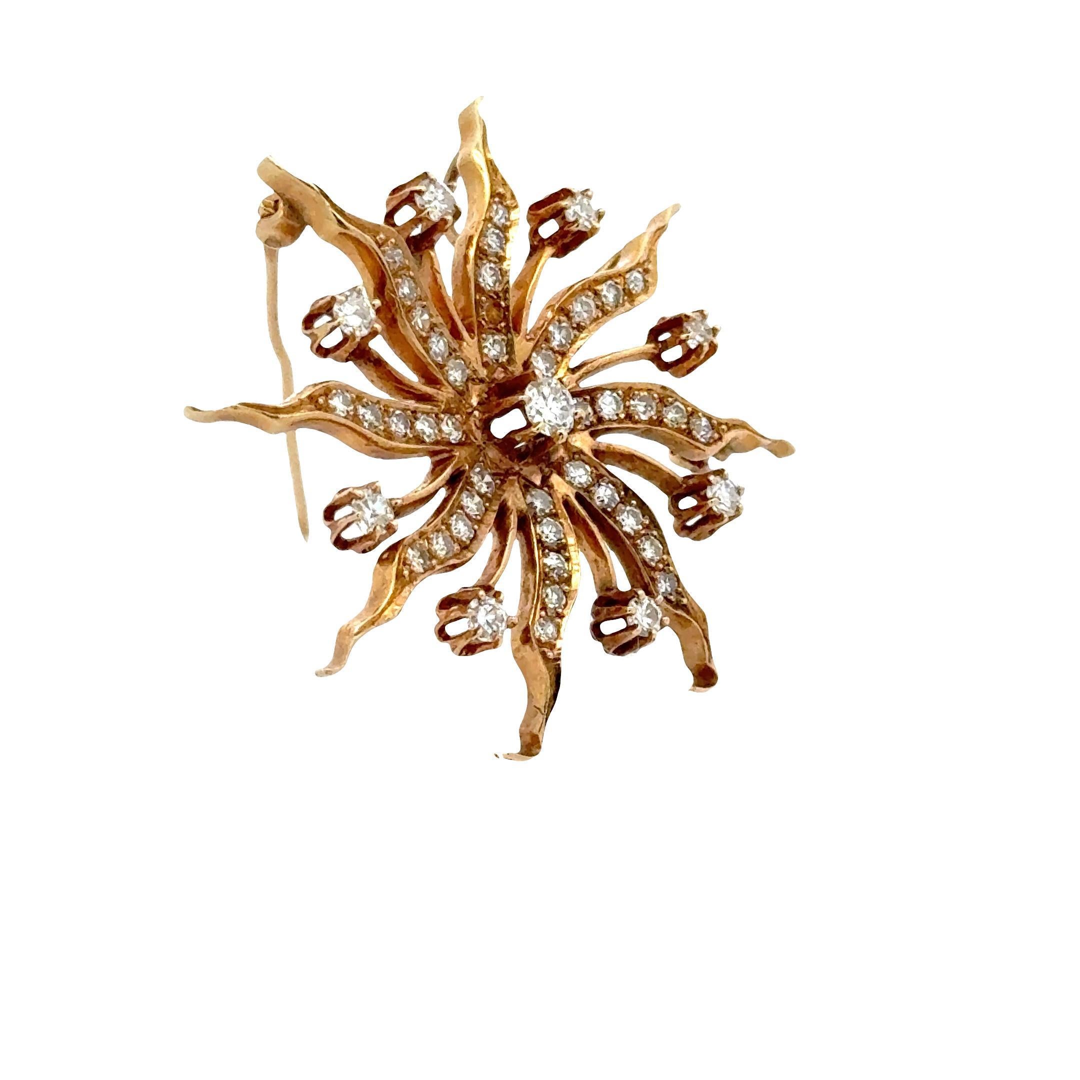 1950's Diamond 14 Karat Yellow Gold Starburst Brooch Pin For Sale 1