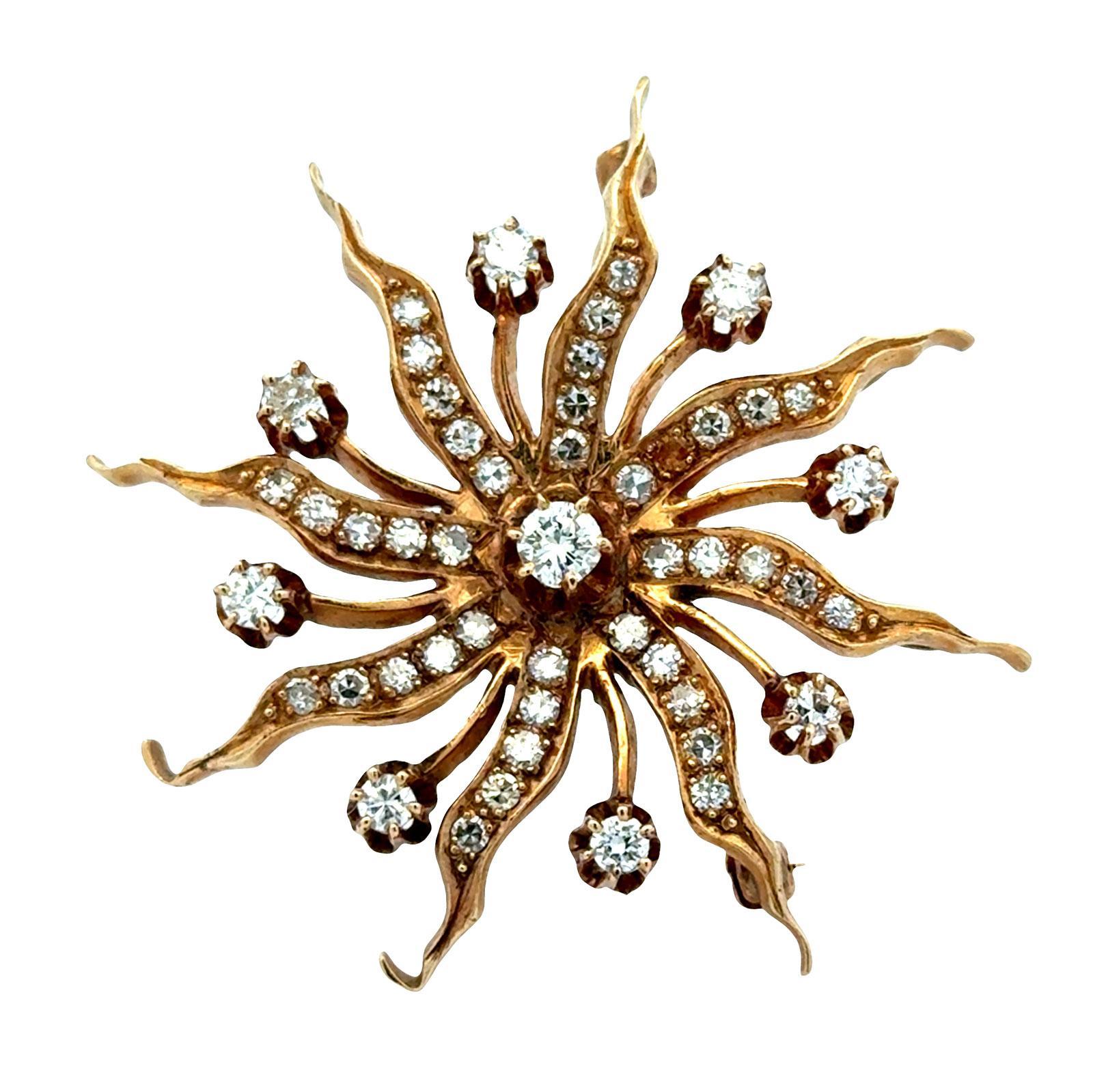 1950's Diamond 14 Karat Yellow Gold Starburst Brooch Pin For Sale 2