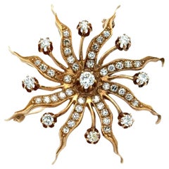 1950's Diamond 14 Karat Yellow Gold Starburst Brooch Pin