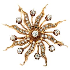 1950's Diamond 14 Karat Yellow Gold Starburst Brooch Pin