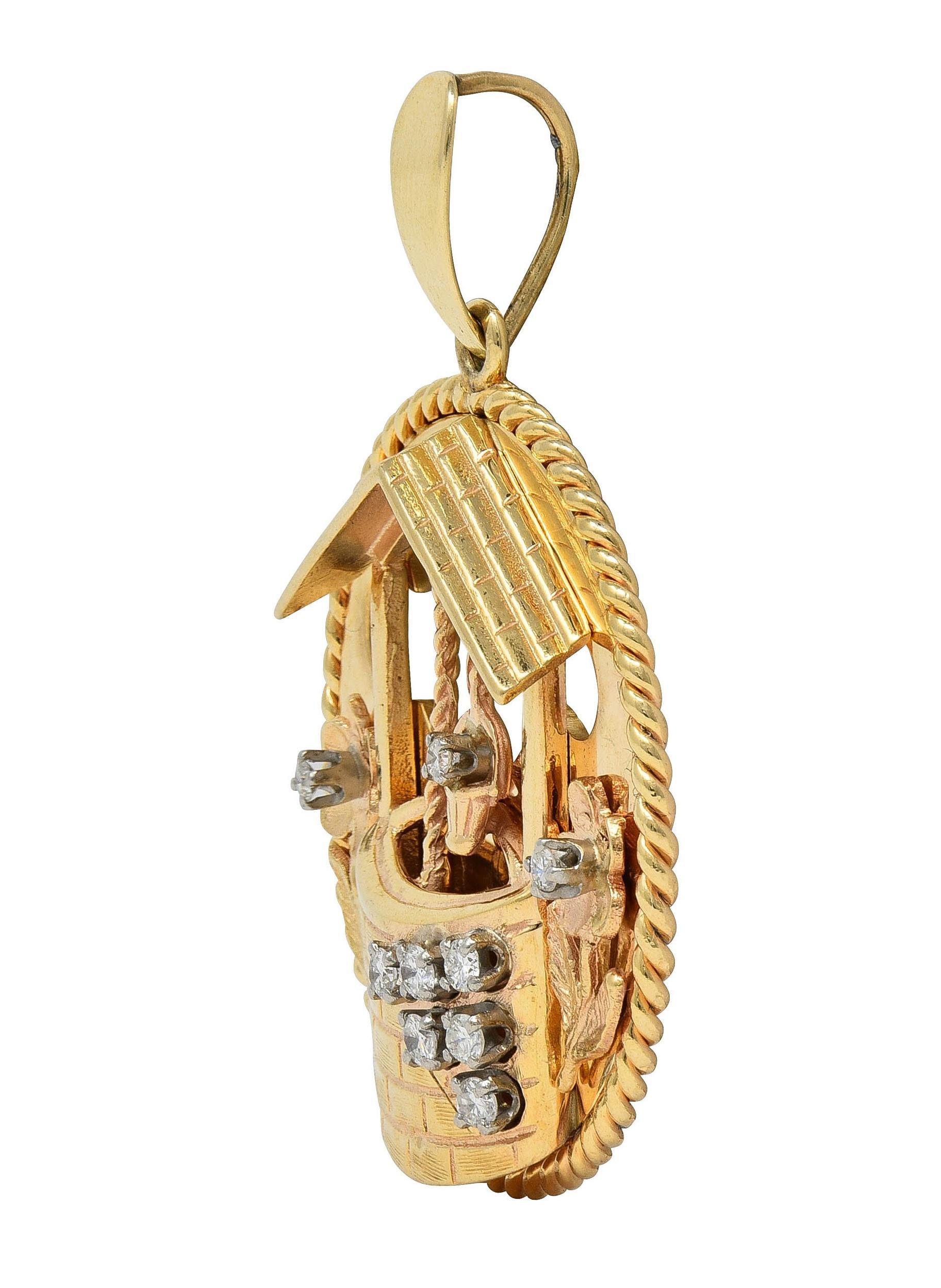 1950er Jahre Diamant 14 Karat Gelbgold Vintage Wishing Well Anhänger Charme im Zustand „Hervorragend“ im Angebot in Philadelphia, PA