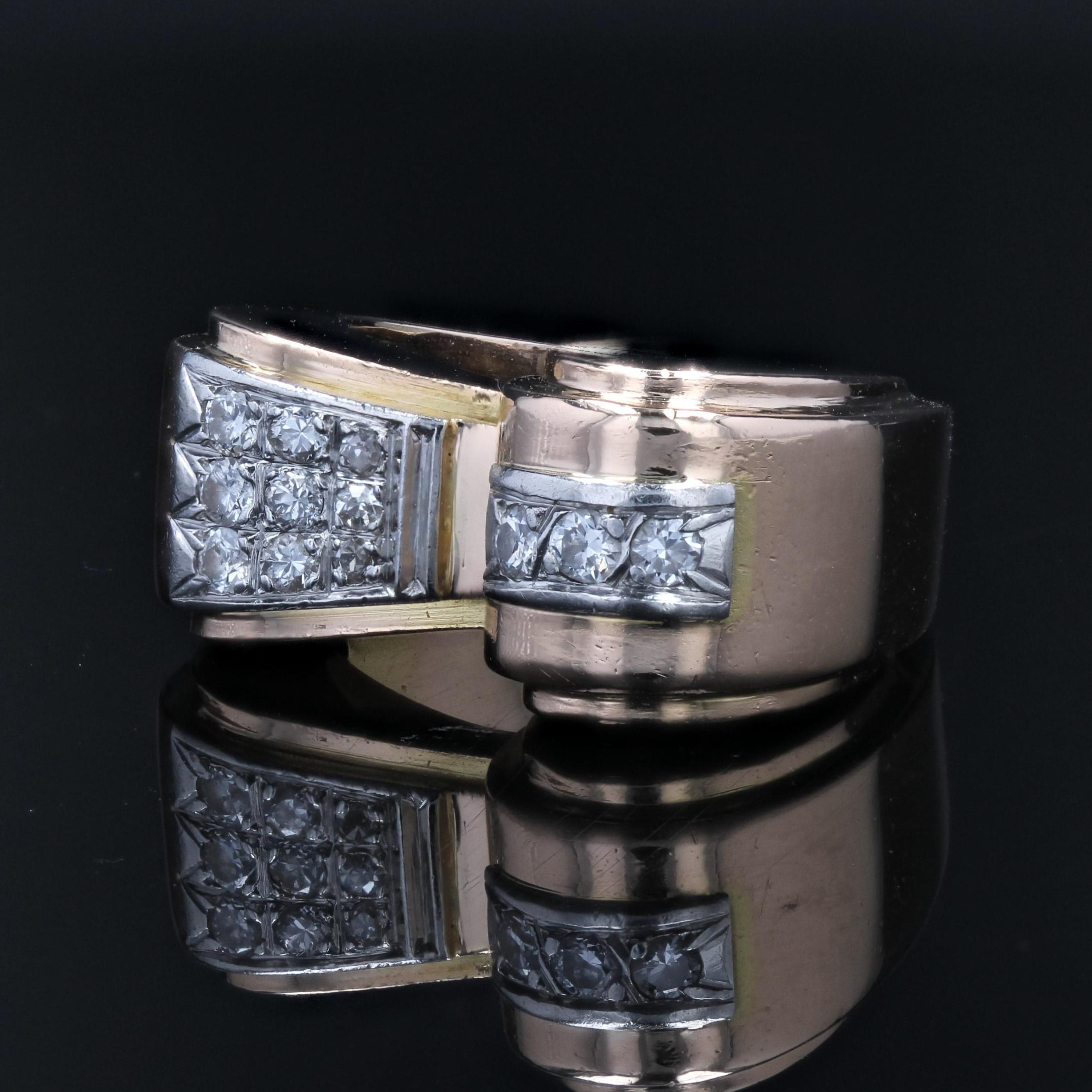Asymetricer Tank-Ring aus 18 Karat Gelbgold mit Diamanten, 1950er Jahre im Zustand „Gut“ im Angebot in Poitiers, FR