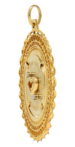 1950's Diamond 18 Karat Yellow Gold Vintage Heart French Phrase Pendant Charm