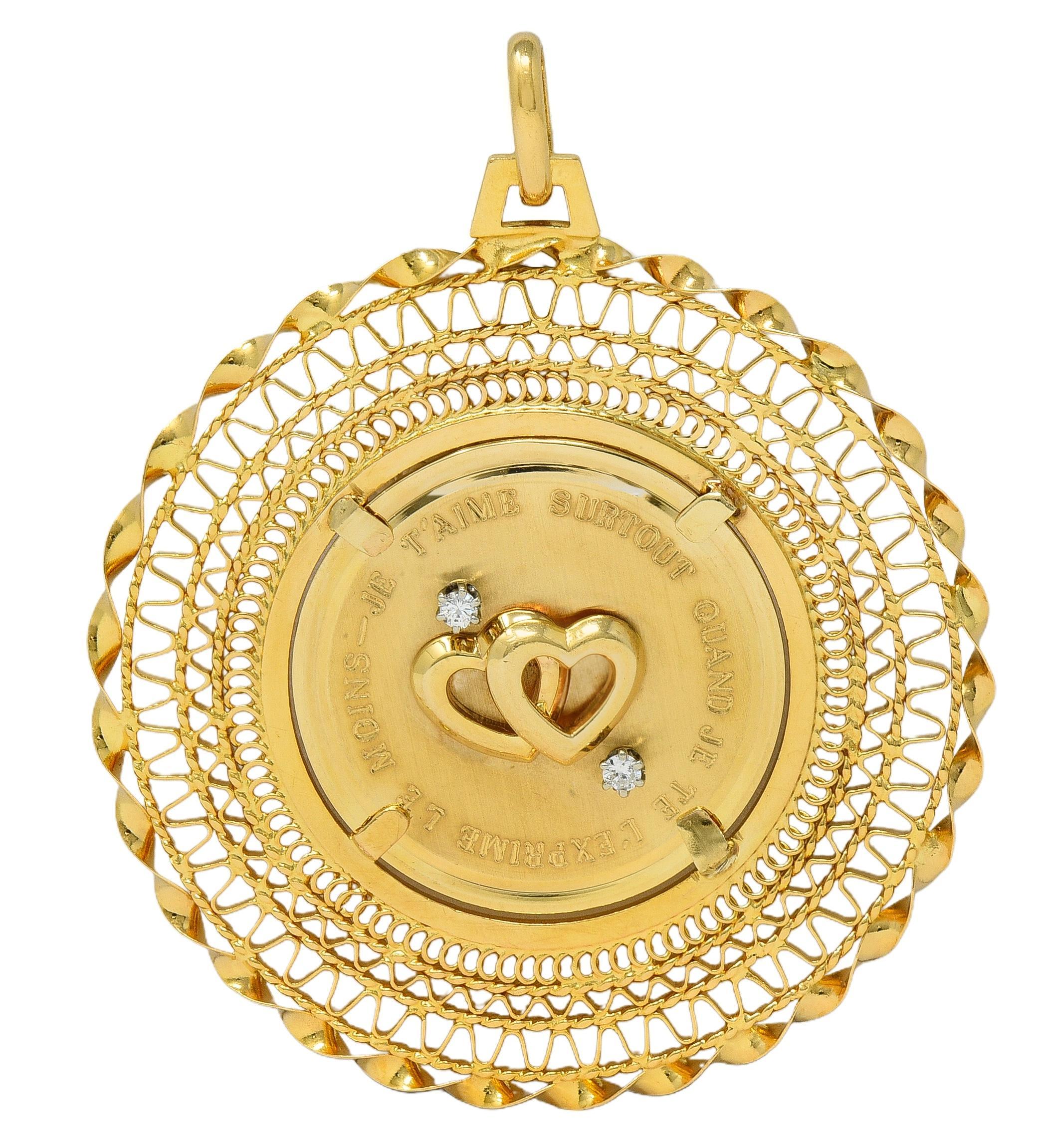 Pendentif en or jaune 18 carats, diamant, breloque en forme de coeur vintage des années 1950