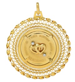 Ciondolo con diamante anni '50 in oro giallo 18 carati con frase francese a cuore vintage