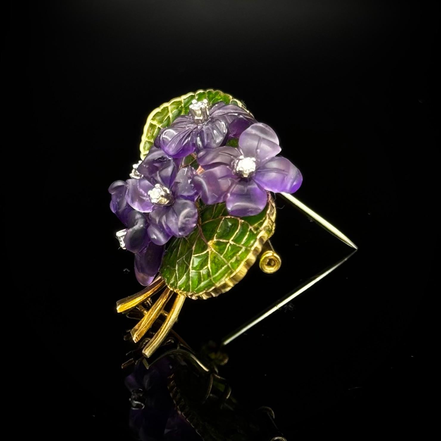 1950s Diamond Amethyst Plique-à-Jour Enamel Floral Bouquet Brooch Yellow Gold For Sale 5