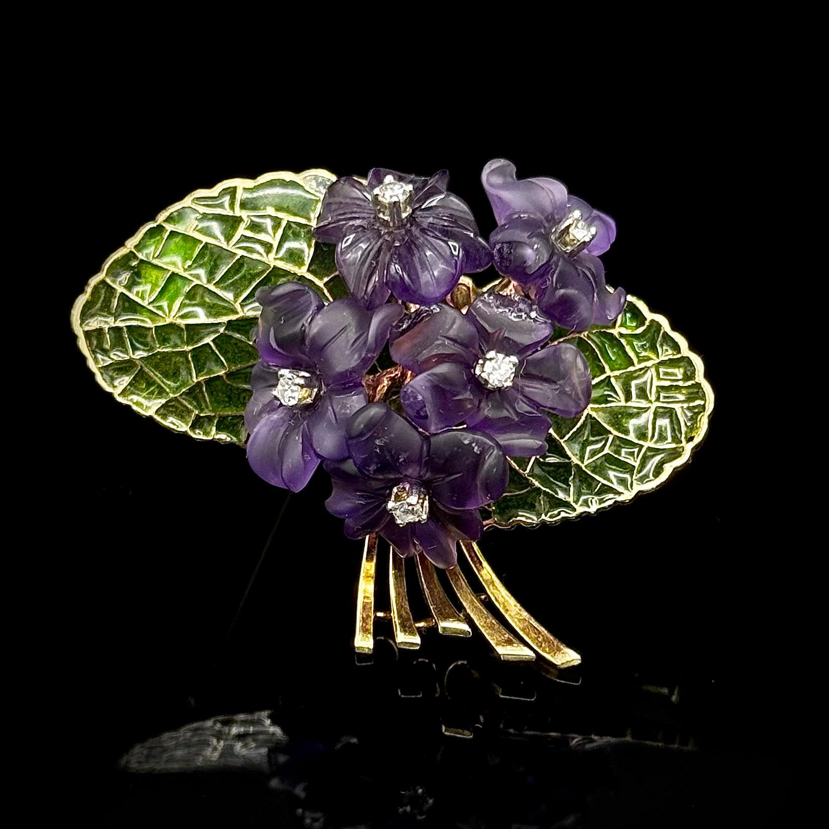 Mid-Century diamond, amethyst and plique-à-jour enamel floral bouquet brooch in 18kt yellow gold, 1950s. Crafted in the radiant spirit of the 1950s, this Mid-Century brooch stands as a testament to nature-inspired artistry and exquisite