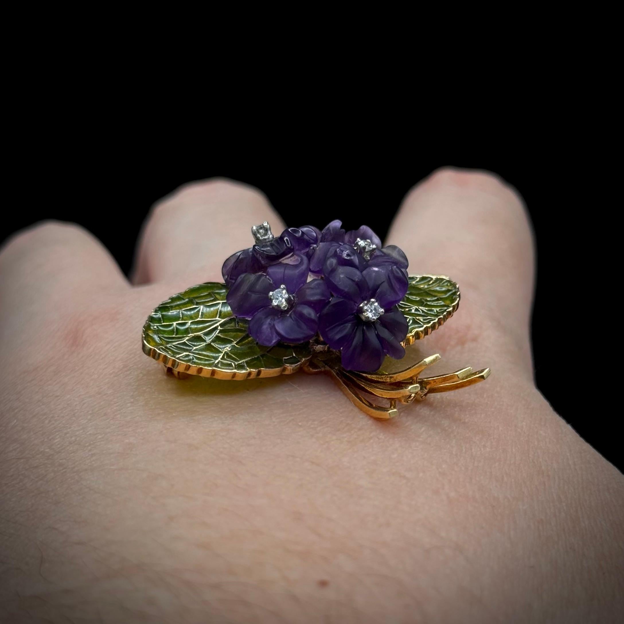 Women's or Men's 1950s Diamond Amethyst Plique-à-Jour Enamel Floral Bouquet Brooch Yellow Gold For Sale