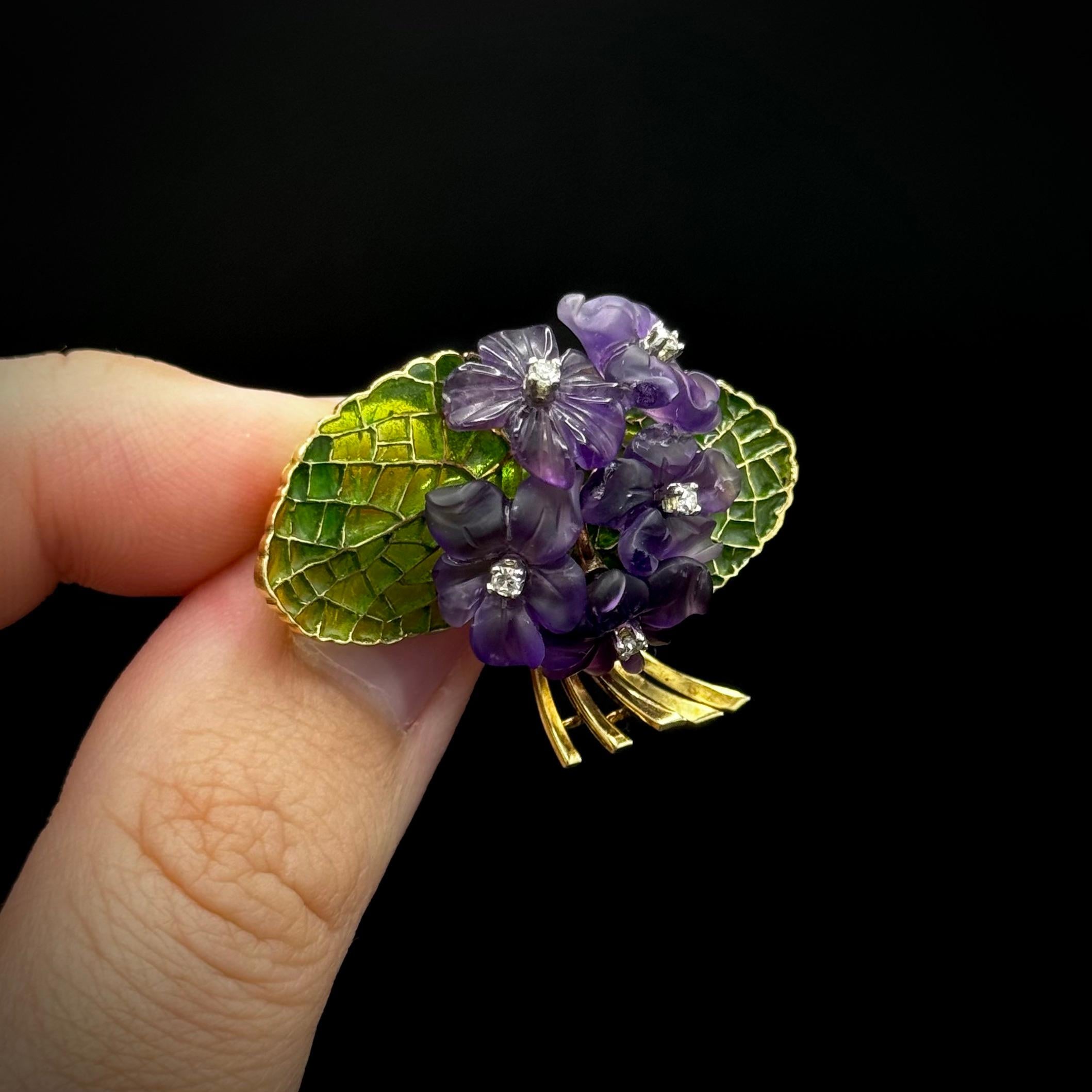 1950s Diamond Amethyst Plique-à-Jour Enamel Floral Bouquet Brooch Yellow Gold For Sale 3