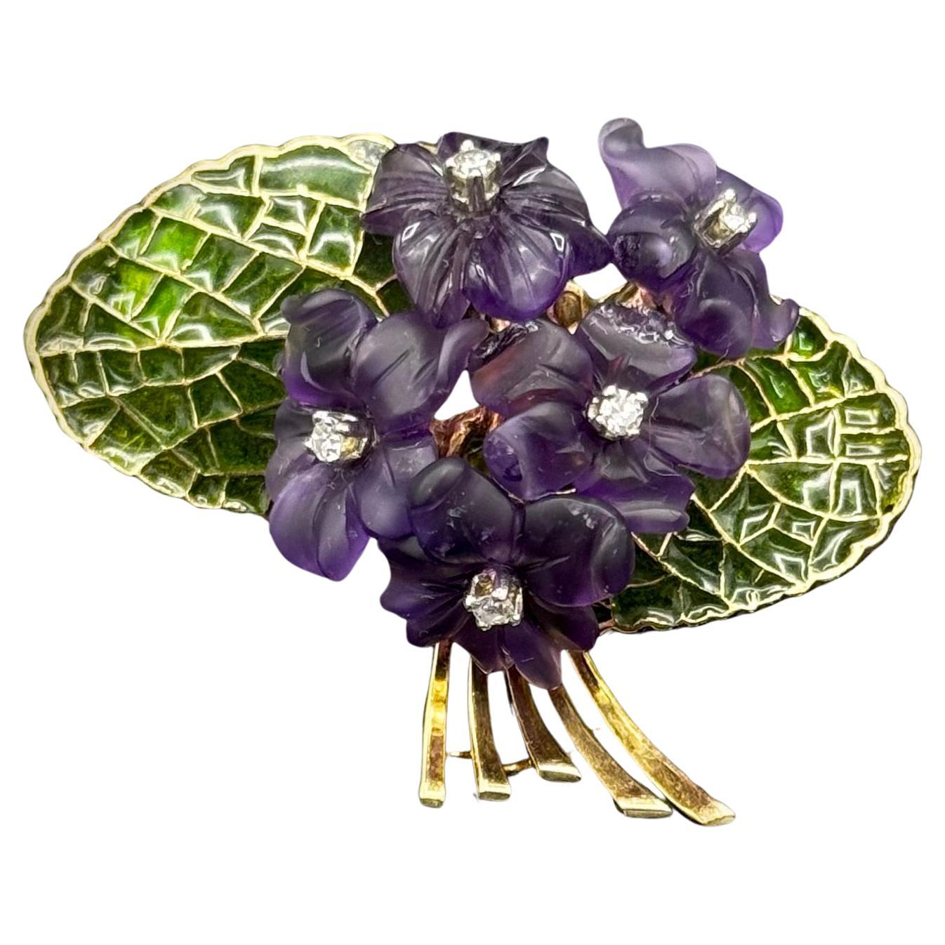 1950s Diamond Amethyst Plique-à-Jour Enamel Floral Bouquet Brooch Yellow Gold