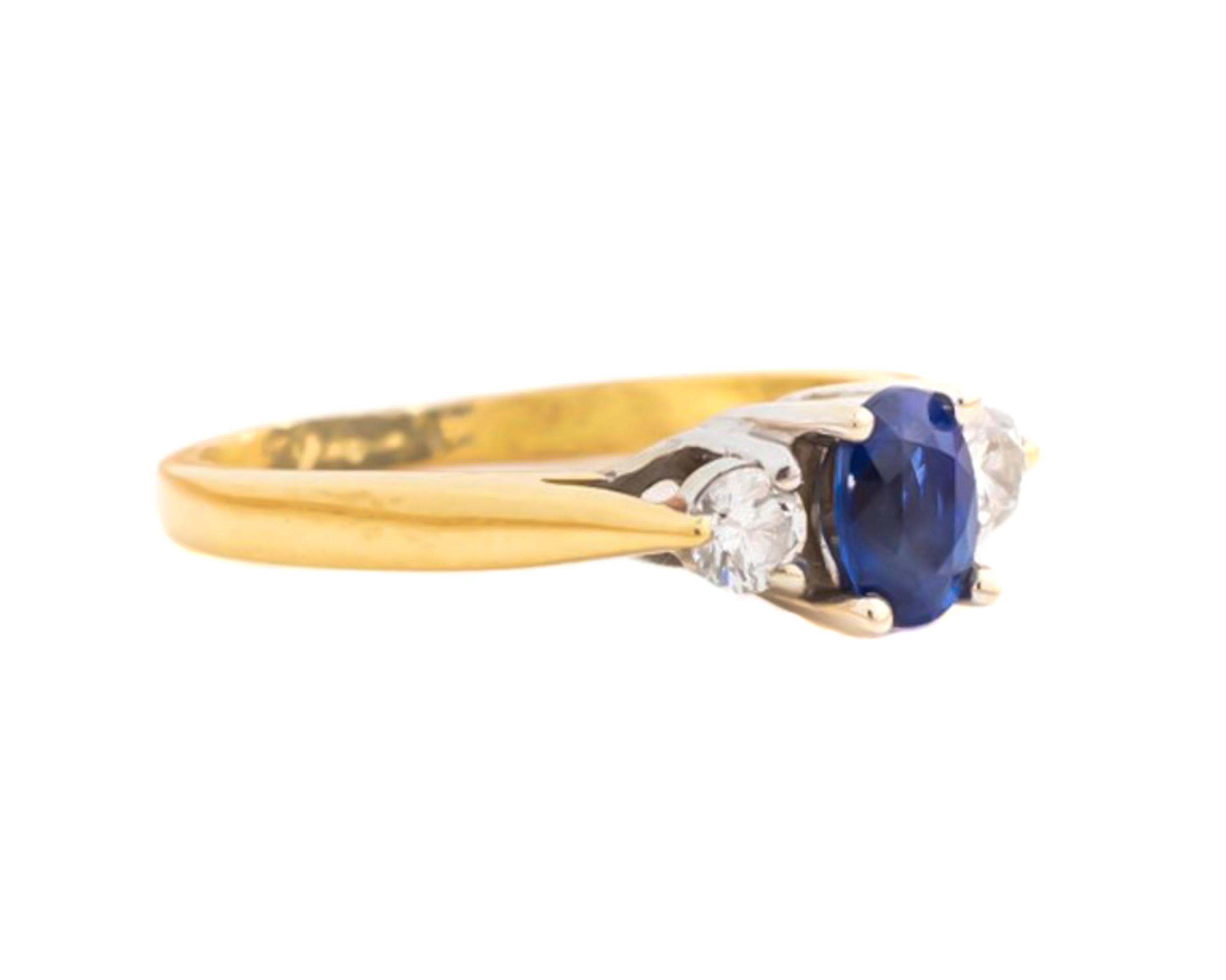 Features:
High cathedral setting crafted in 18 karat yellow gold 
Center Stone - 0.50 carat Oval Cut Sapphire, 4-prong set
Accent Diamonds - 0.30 carat total weight, 3-prong set
All stones are mounted in 18 karat white gold

Made in France

This