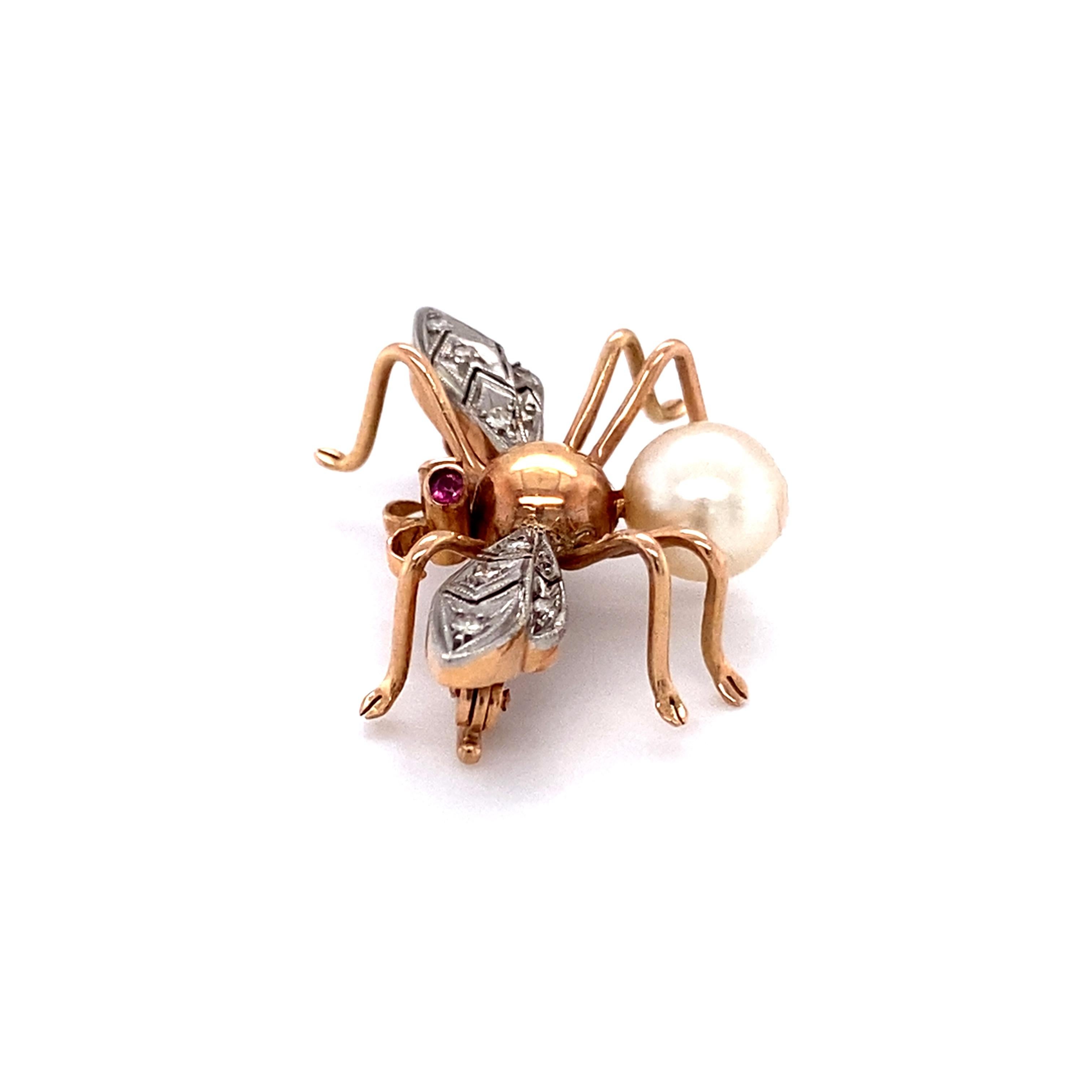 1950s Diamond and Pearl Bee Brooch Pin, 14 Karat Rose Gold and Platinum 1