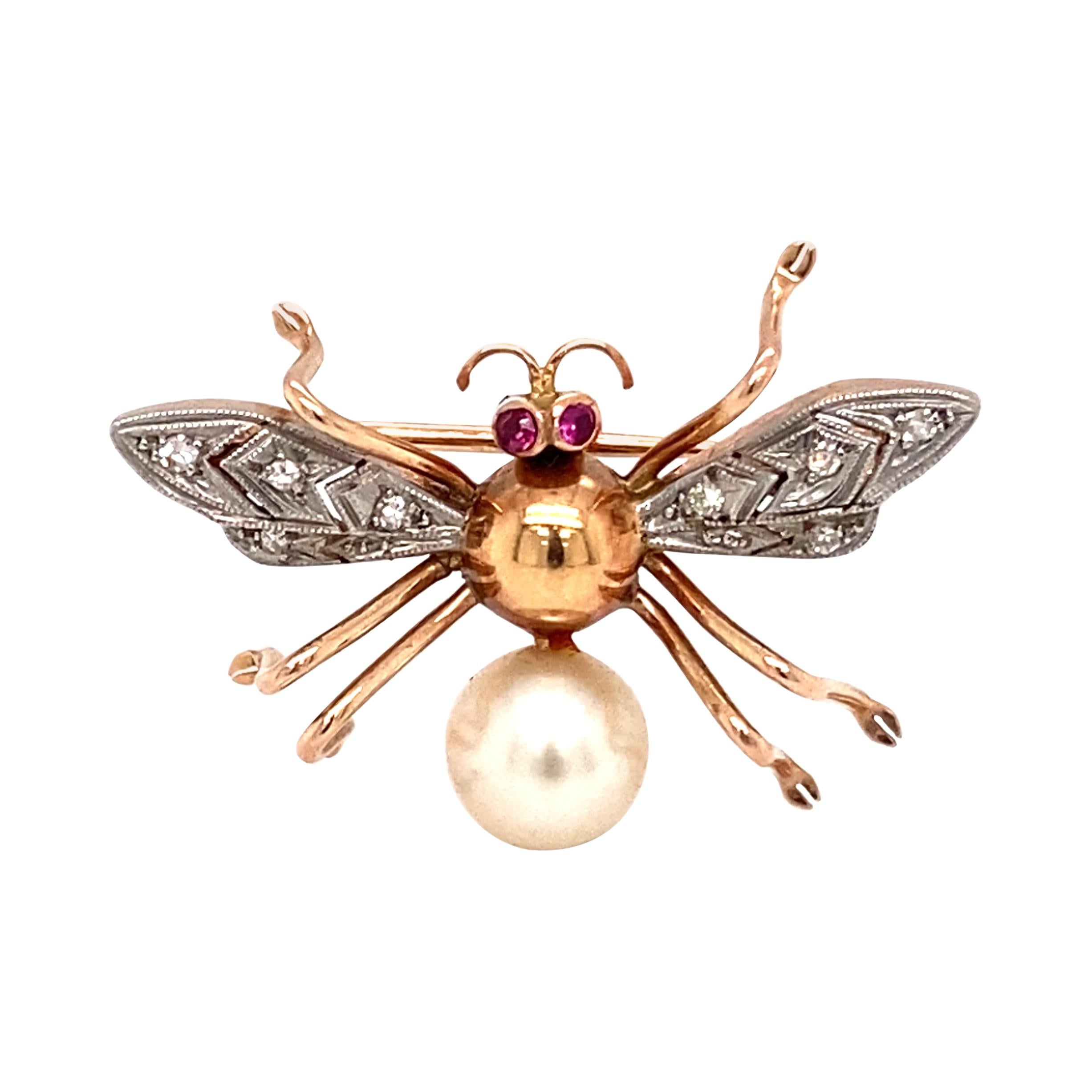1950s Diamond and Pearl Bee Brooch Pin, 14 Karat Rose Gold and Platinum