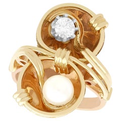 Retro 1950s Diamond and Pearl Rose Gold Cocktail Ring