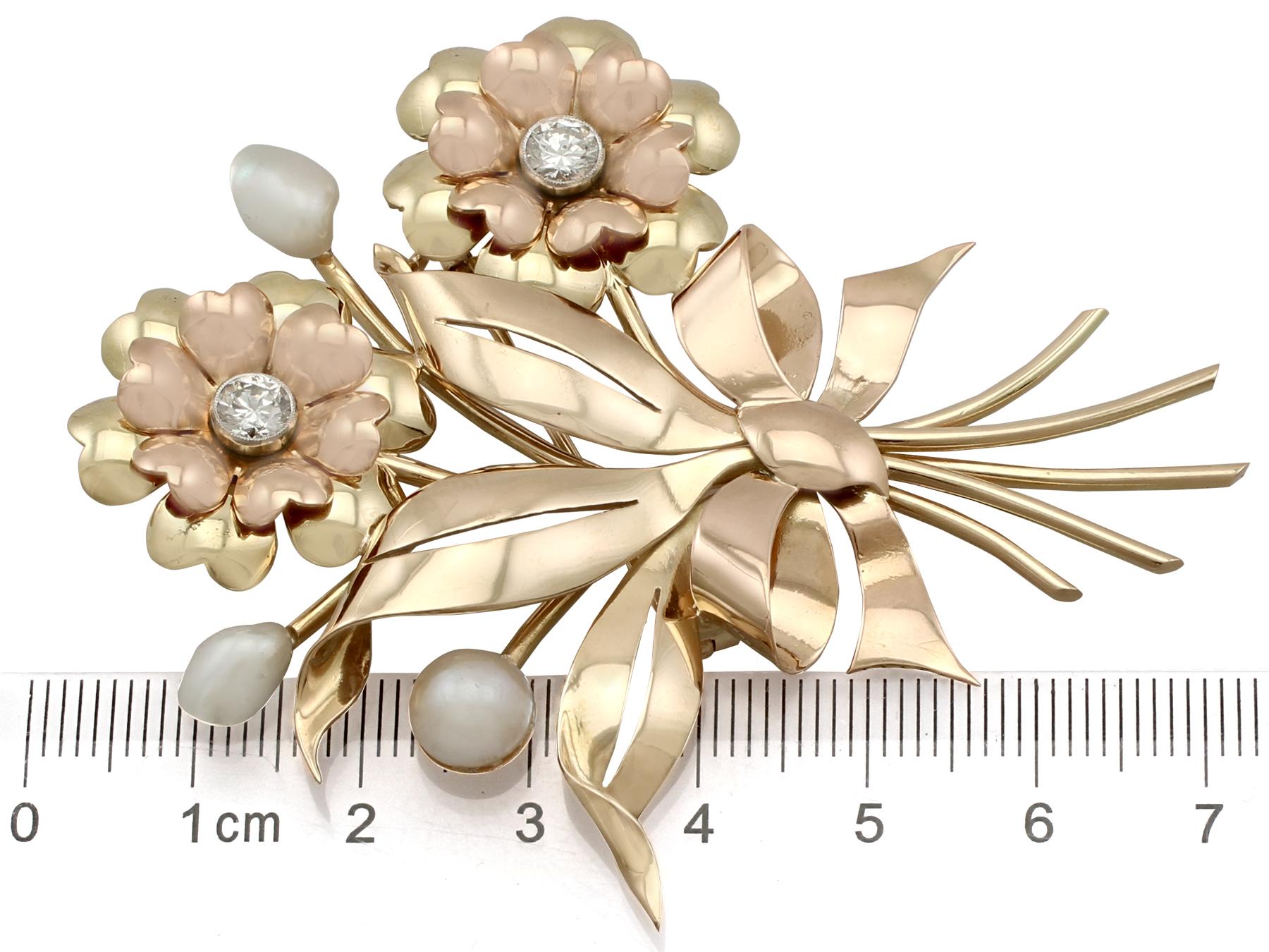 1950s Diamond and Pearl Yellow and Rose Gold Brooch For Sale 2