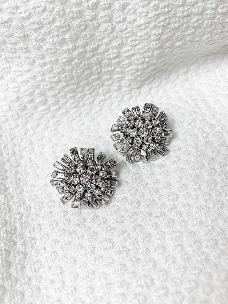 1950s Diamond and Platinum Flower Earrings For Sale at 1stDibs