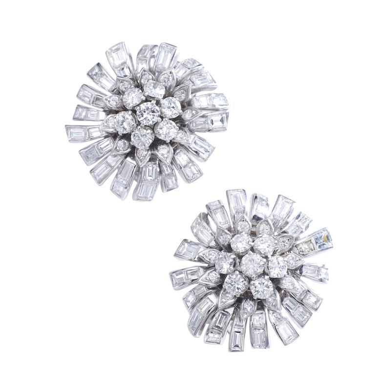 1950s Diamond and Platinum Flower Earrings For Sale