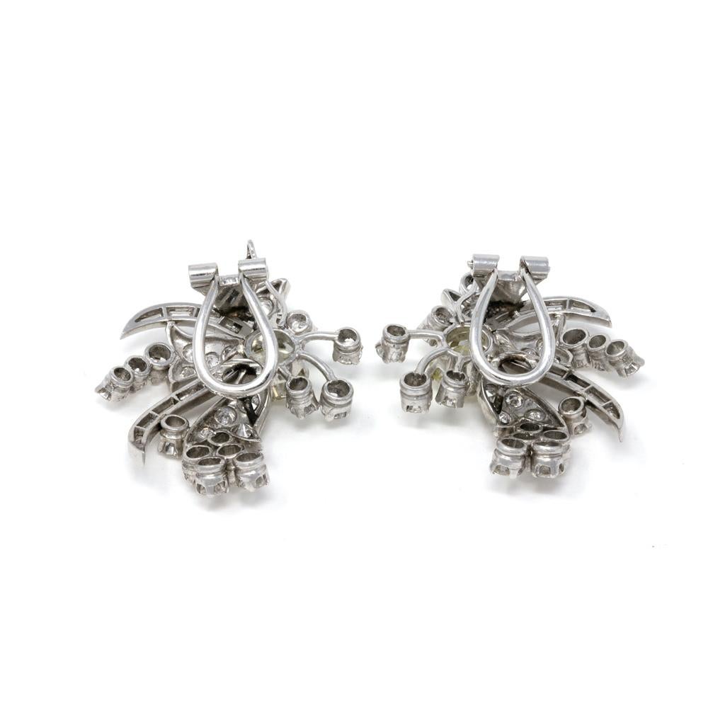 Mixed Cut 1950s Diamond and Platinum Spray Earclips For Sale