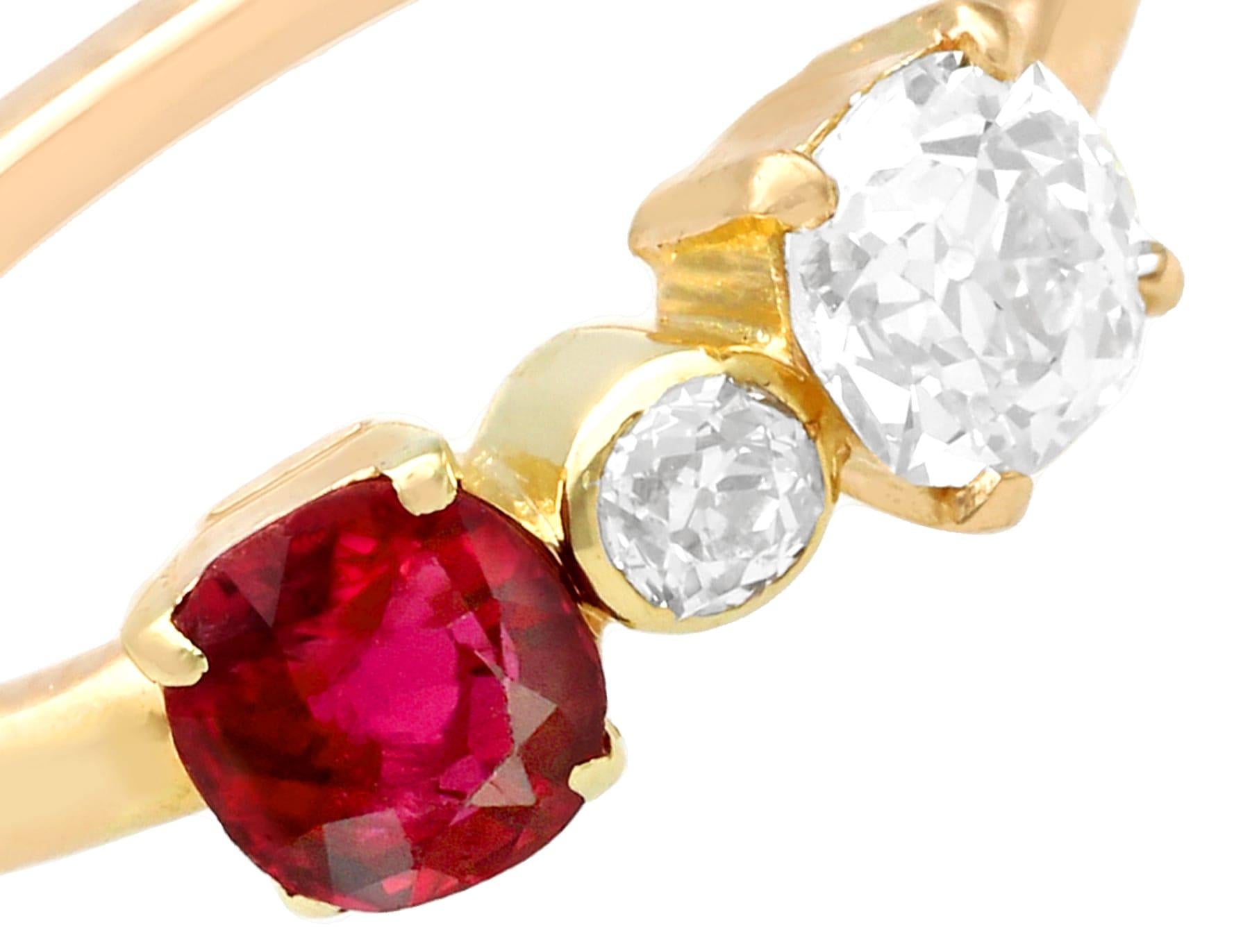 Old European Cut 1950s Diamond and Ruby 15K Yellow Gold Cocktail Ring For Sale