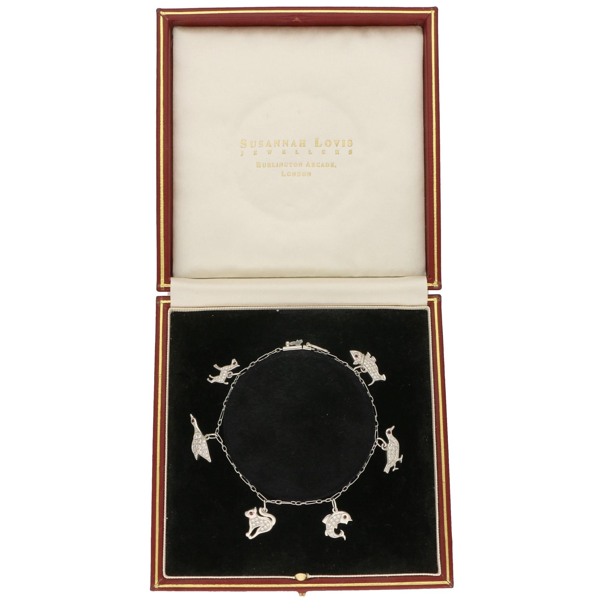 Art Deco 1950s Diamond and Ruby Animal Charm Bracelet Set in Platinum