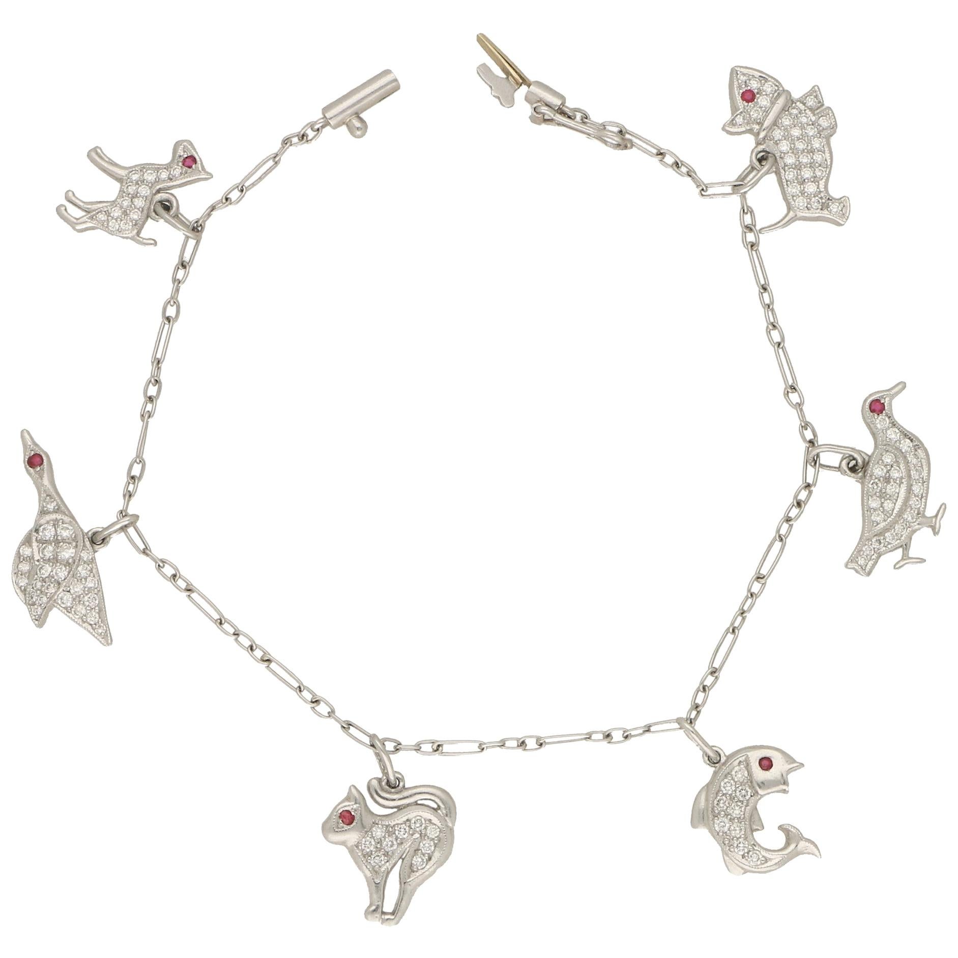 1950s Diamond and Ruby Animal Charm Bracelet Set in Platinum