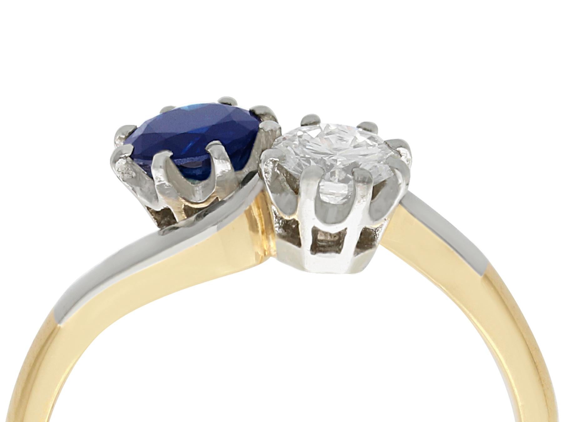 An impressive vintage 0.40 carat diamond and 0.72 carat sapphire, 18k yellow gold and platinum set twist ring; part of our diverse gemstone jewelry collections.

This fine and impressive sapphire and diamond twist ring has been crafted in 18k yellow