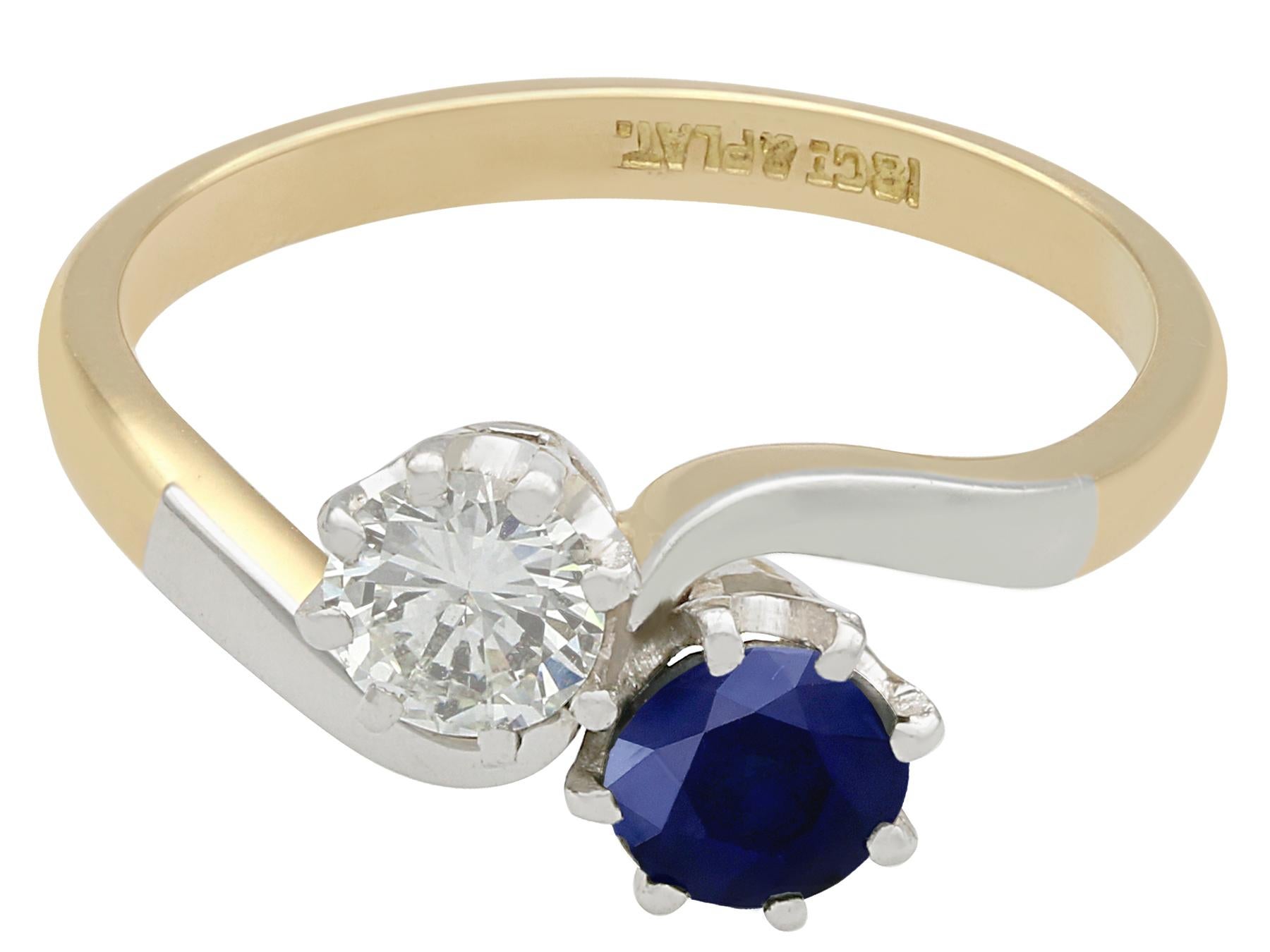 Round Cut 1950s Diamond and Sapphire Yellow Gold Twist Ring