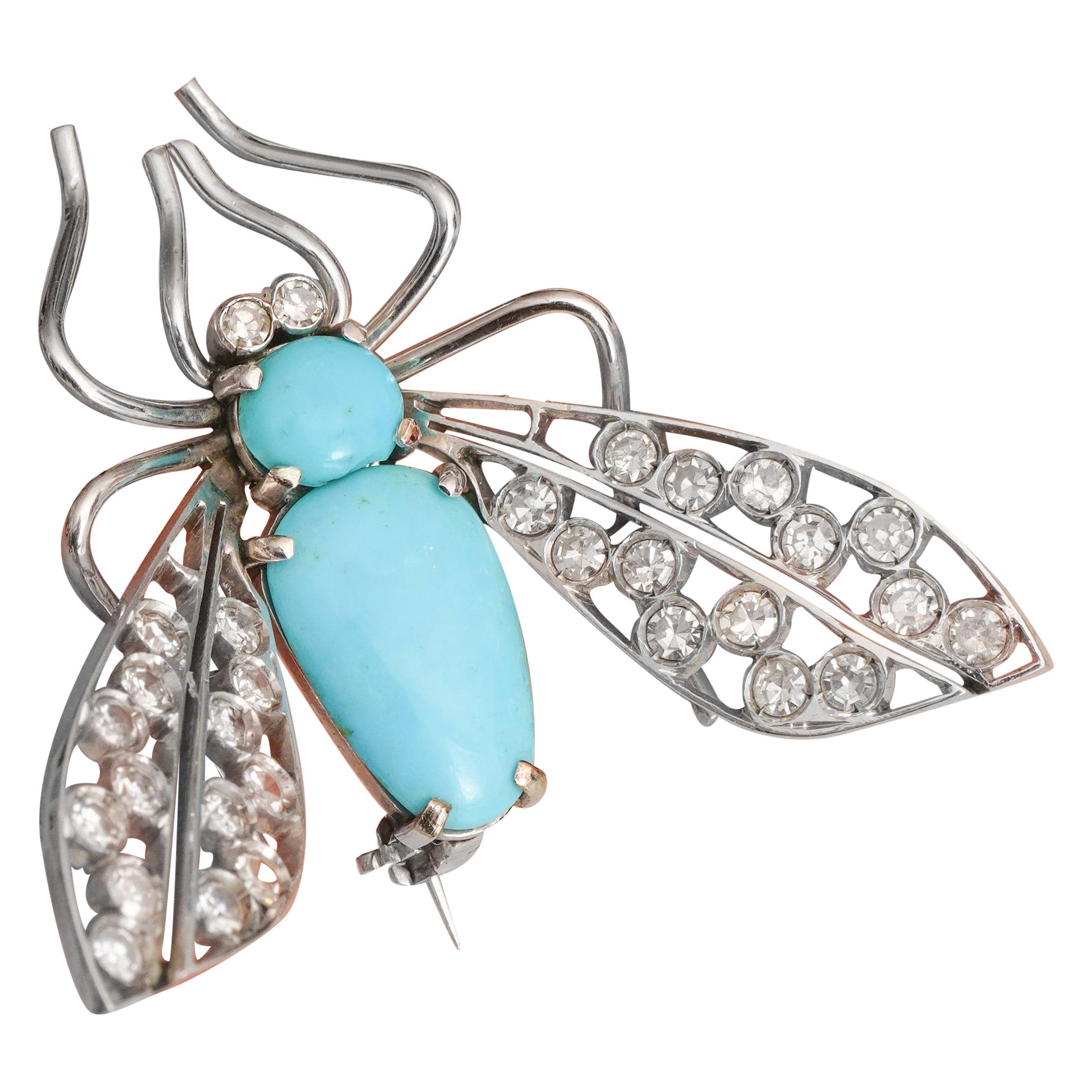 1950s Diamond and Turquoise Flying Insect Pin Brooch