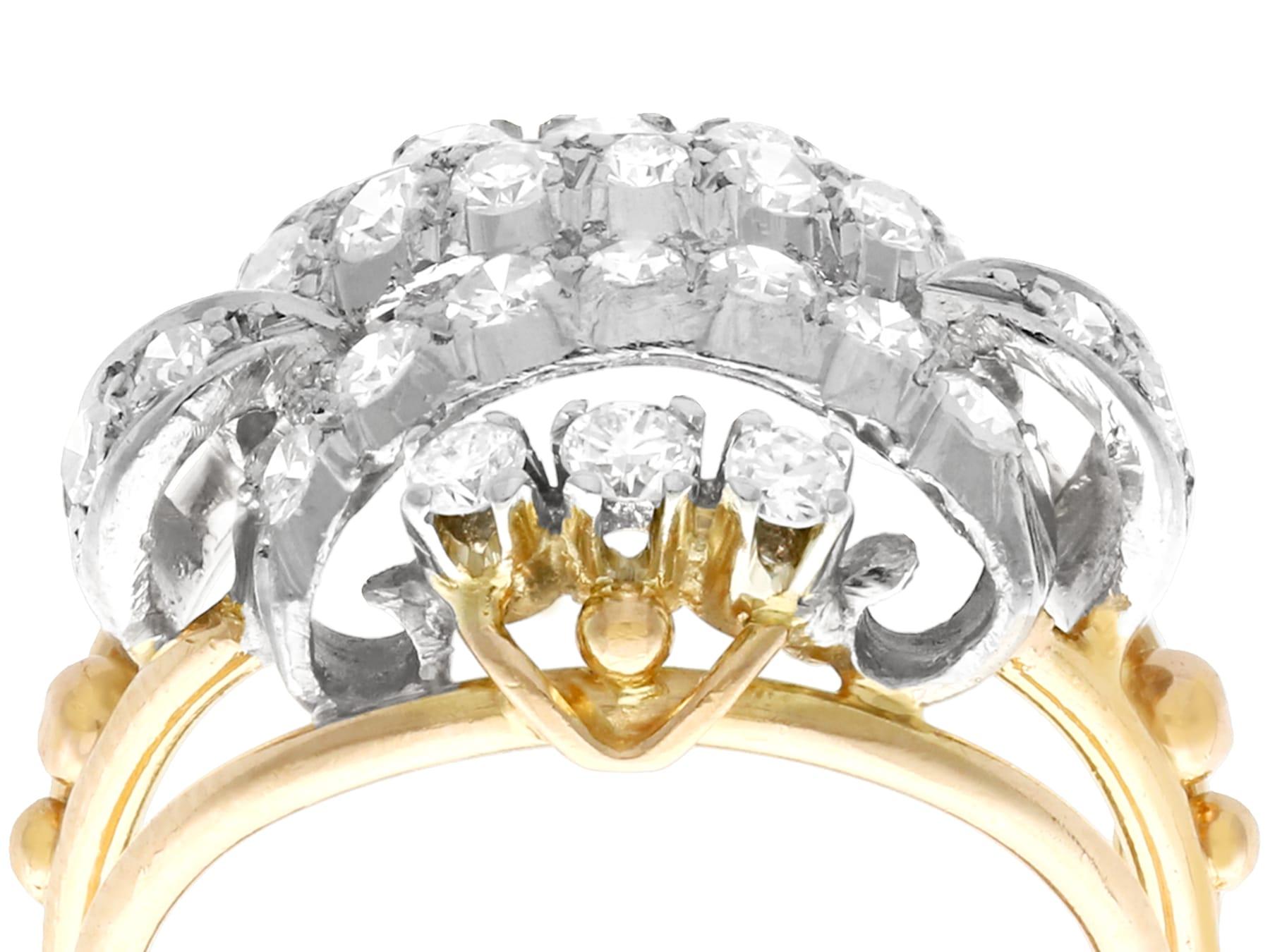 An impressive vintage 1950s 0.68 carat diamond and 18 karat yellow gold, 18 karat white gold cocktail ring; part of our diverse vintage jewelry collections.

This fine and impressive 1950s diamond cocktail ring has been crafted in 18k yellow gold