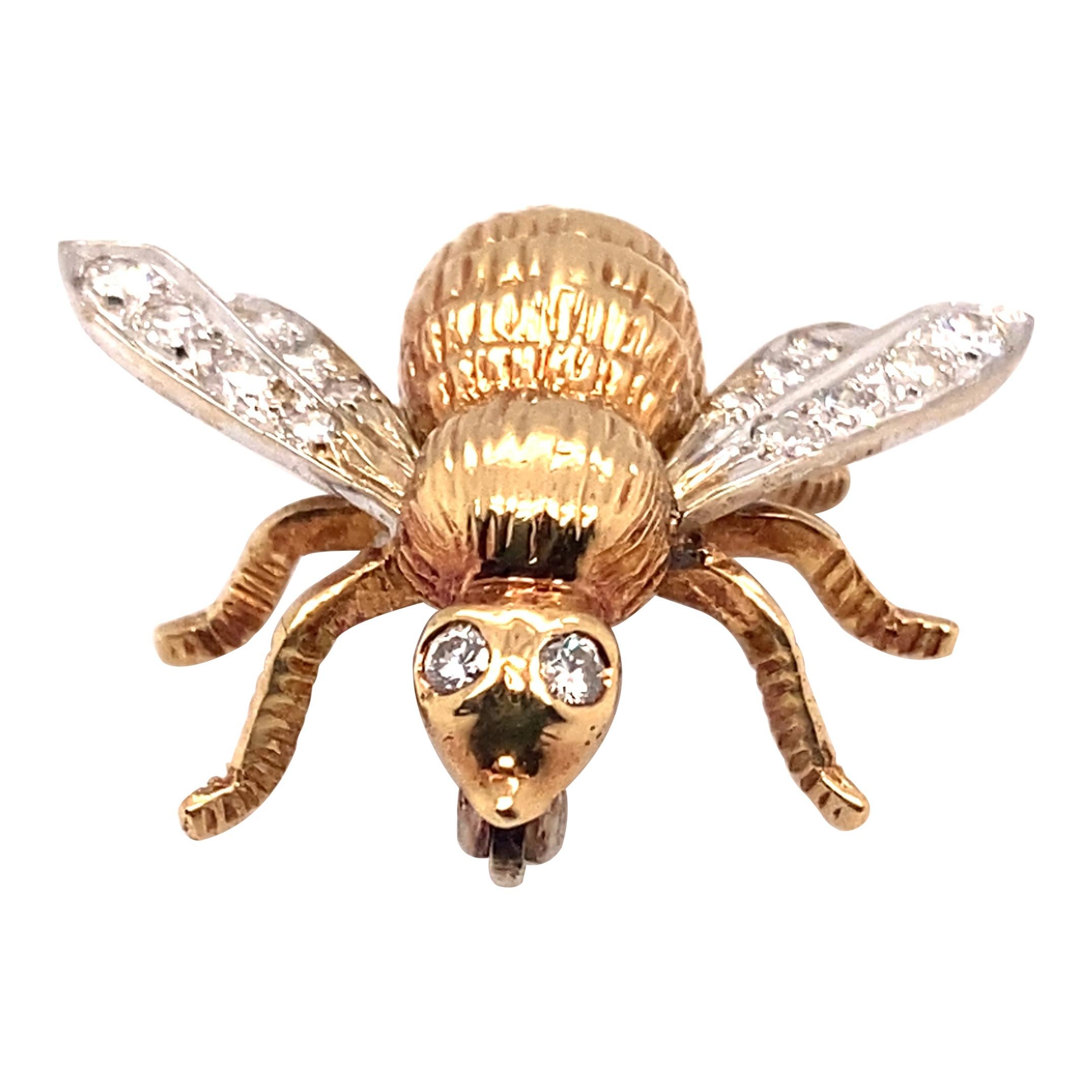 1950s Diamond Bee Brooch Pin in 18 Karat Yellow and White Gold