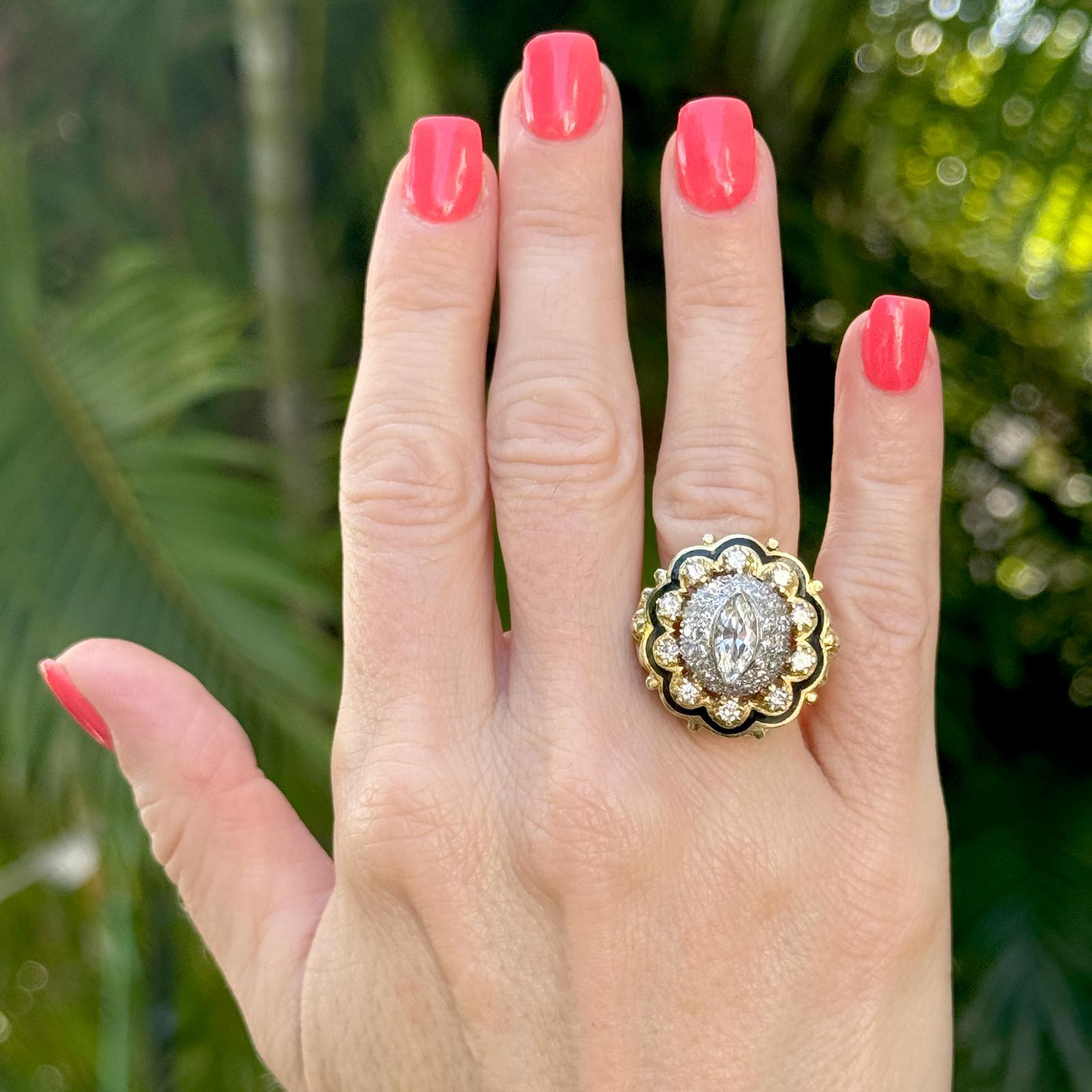 Retro 1950's Diamond Black Enamel 14 Karat Yellow Gold Vintage Cocktail Ring.