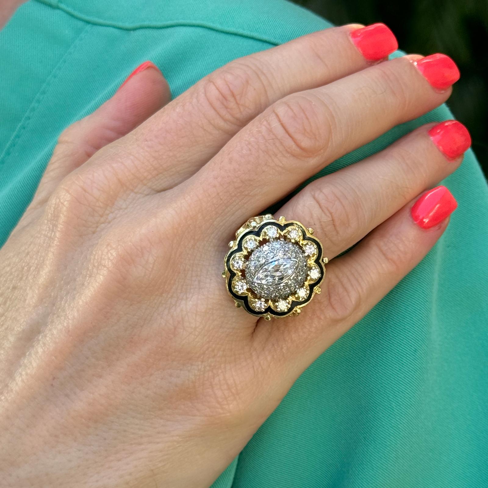 Marquise Cut 1950's Diamond Black Enamel 14 Karat Yellow Gold Vintage Cocktail Ring.