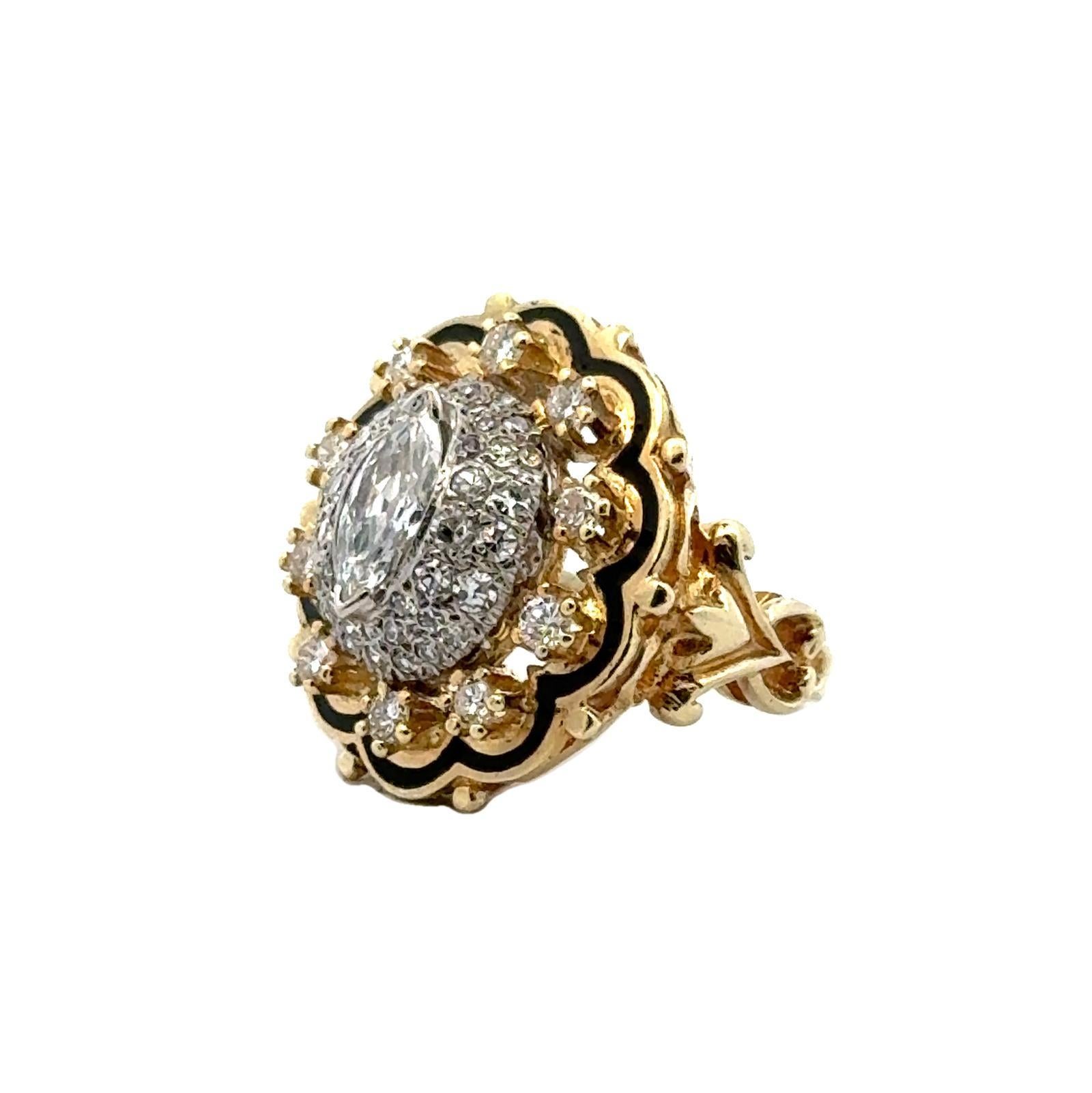 1950's Diamond Black Enamel 14 Karat Yellow Gold Vintage Cocktail Ring. In Excellent Condition In Boca Raton, FL