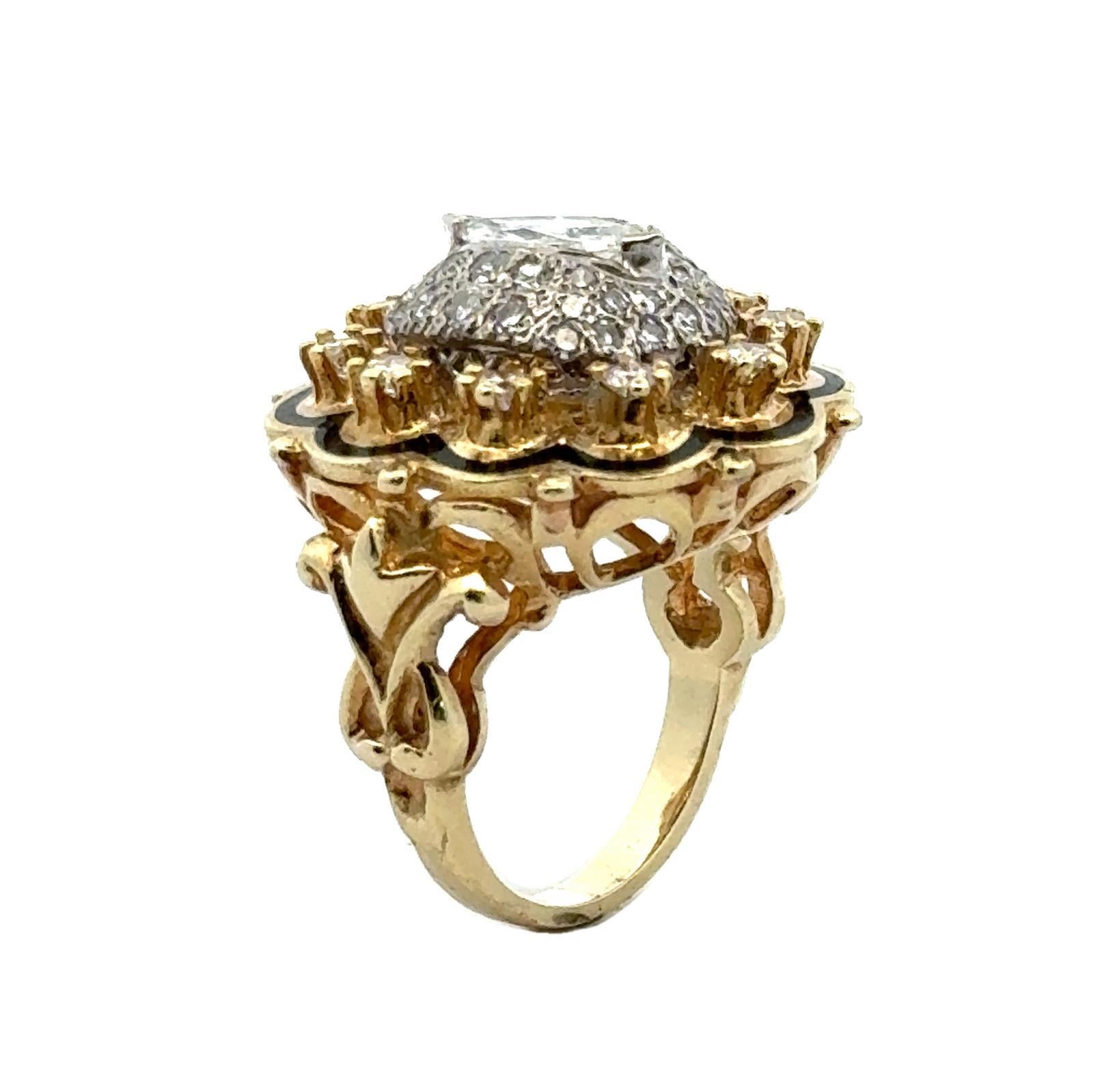 1950's Diamond Black Enamel 14 Karat Yellow Gold Vintage Cocktail Ring. 1