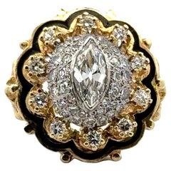 1950's Diamond Black Enamel 14 Karat Yellow Gold Vintage Cocktail Ring.