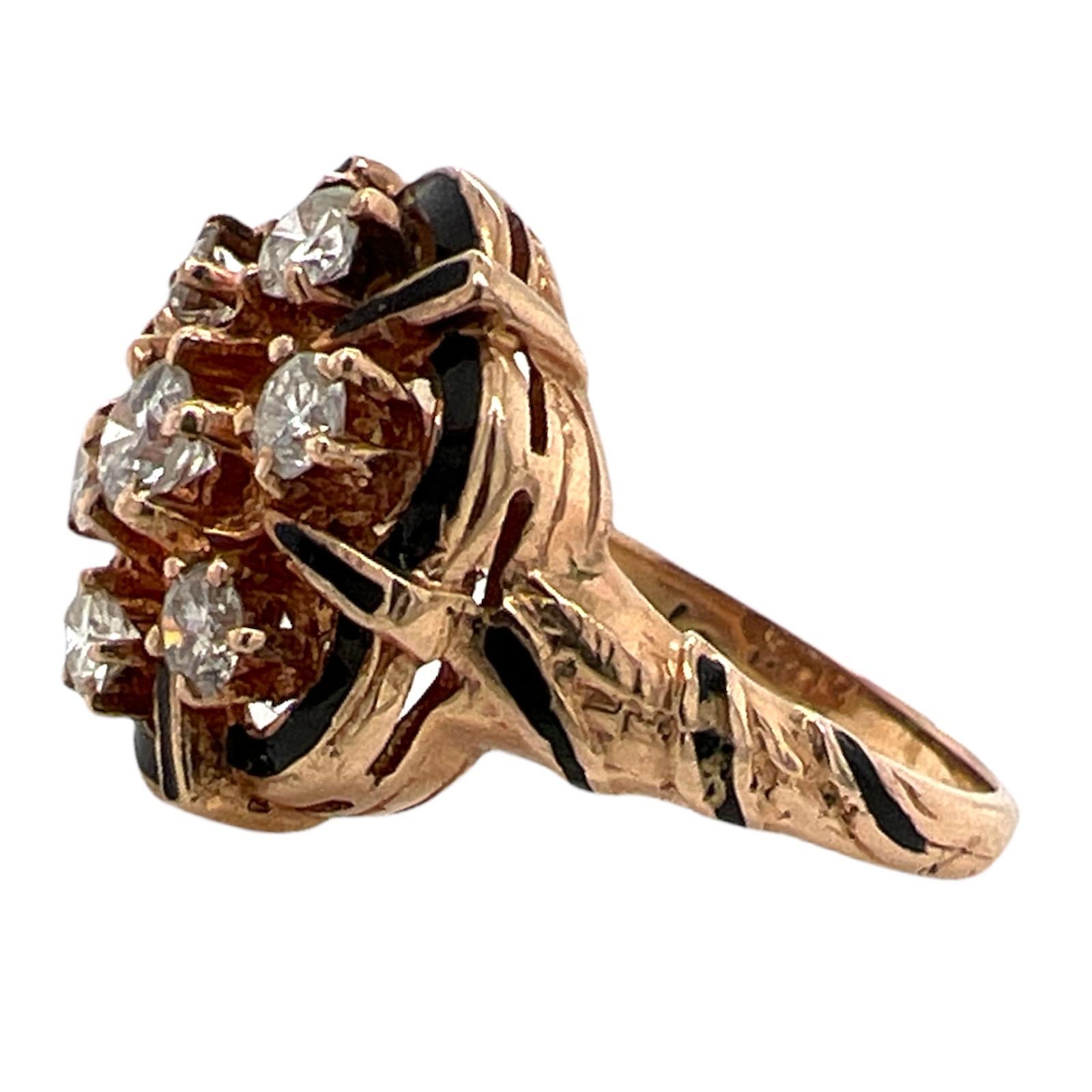 Vintage-Cocktailring aus Gelbgold mit schwarzer Emaille, 1950er Jahre Damen