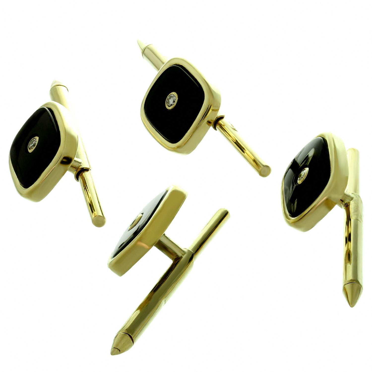 1950s Diamond Black Onyx Yellow Gold Men's Button Studs Set of 4 In Good Condition In New York, NY
