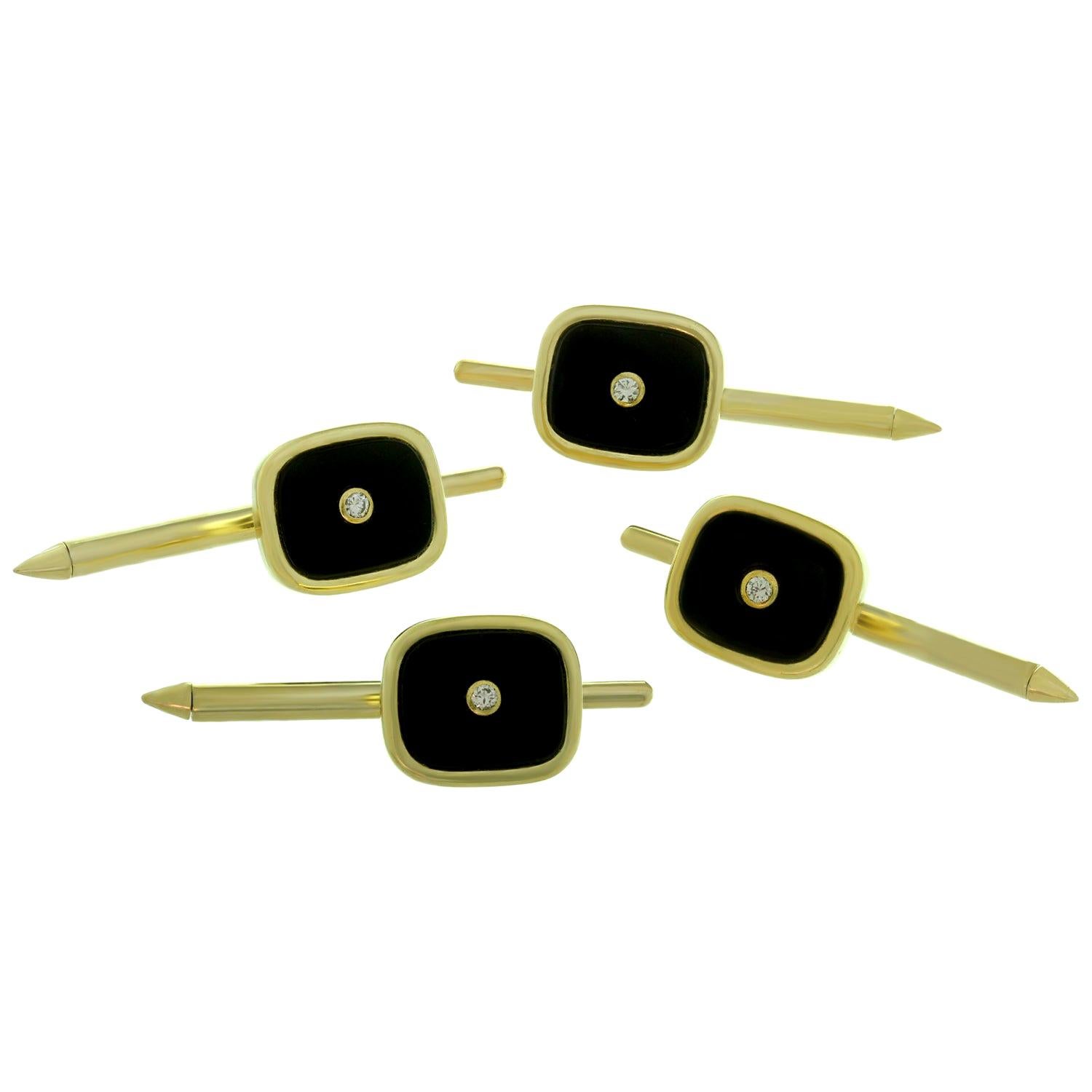 1950s Diamond Black Onyx Yellow Gold Men's Button Studs Set of 4