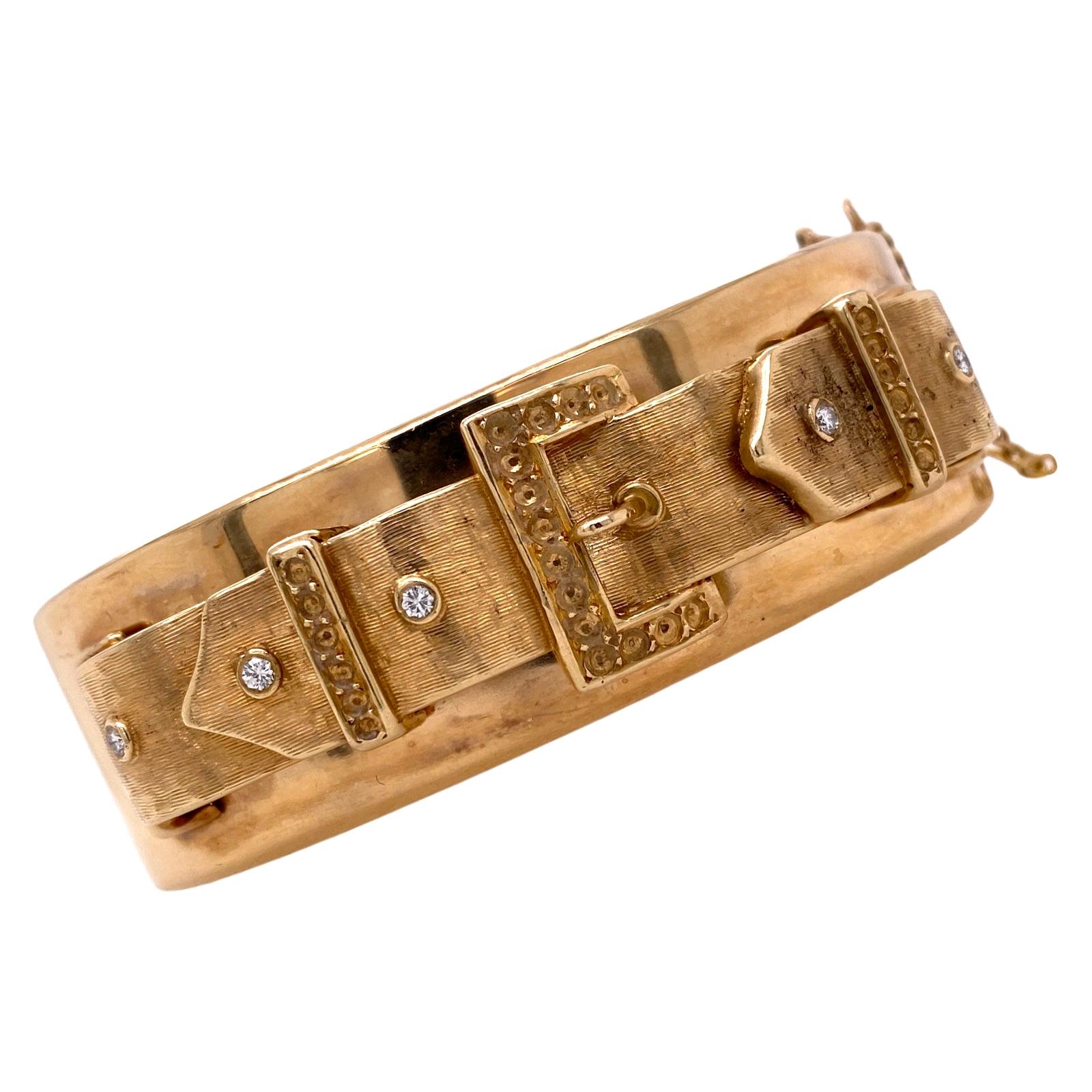 1950s Diamond Buckle Motif Hinged Bangle 14 Karat Yellow Gold Vintage Bracelet